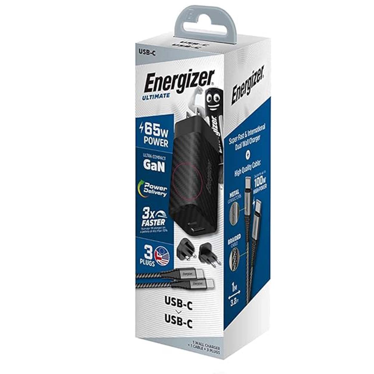 Caricatore Energizer Ultimate 65W USB-C con 3 adattatori e cavo.