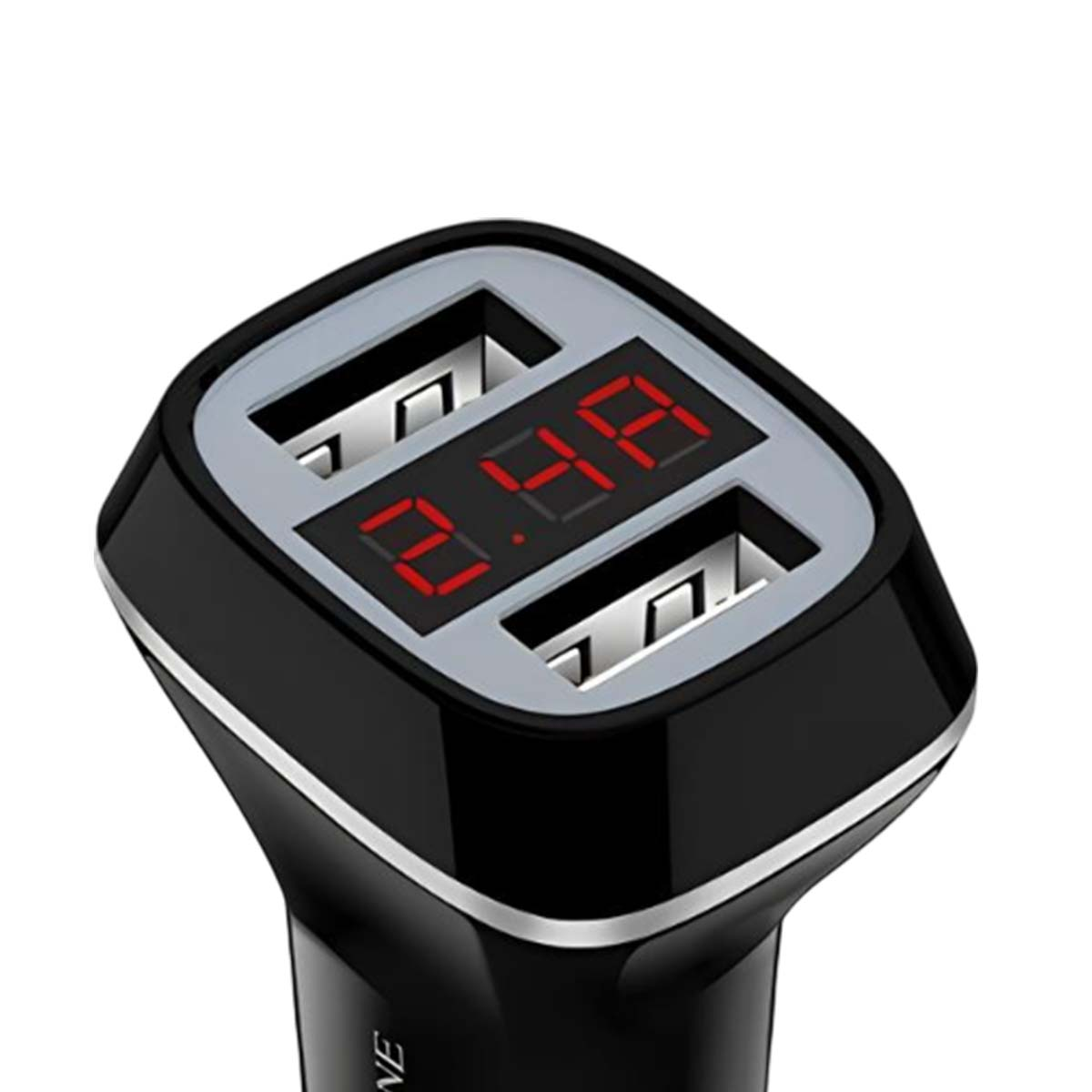 Caricabatterie per auto nero con due porte USB e display digitale rosso.