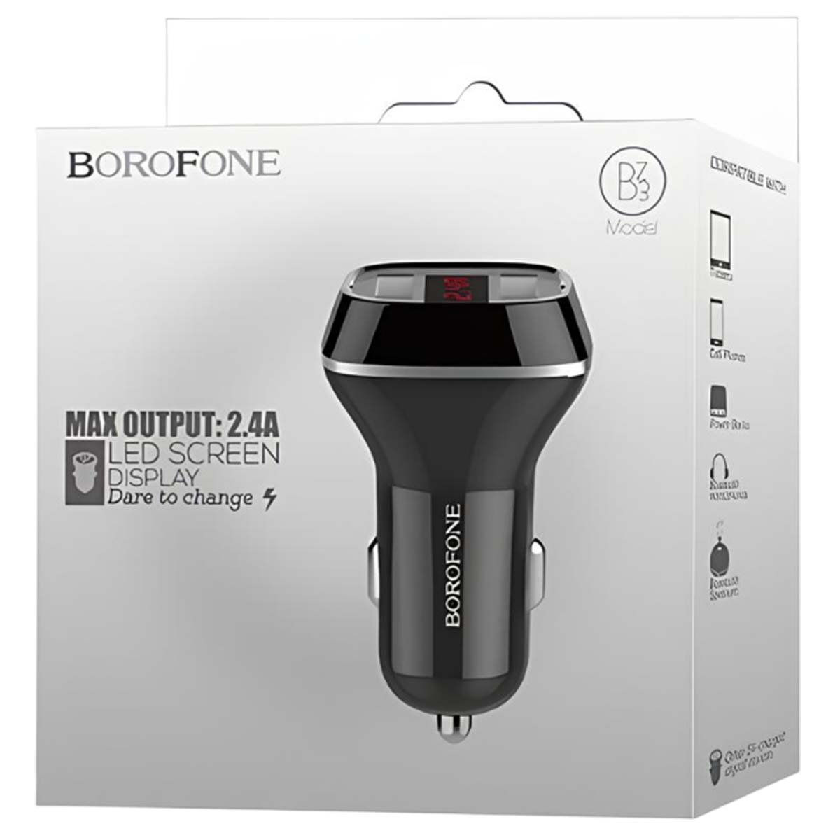 Caricabatterie per auto Borofone con display LED, uscita max 2,4A.