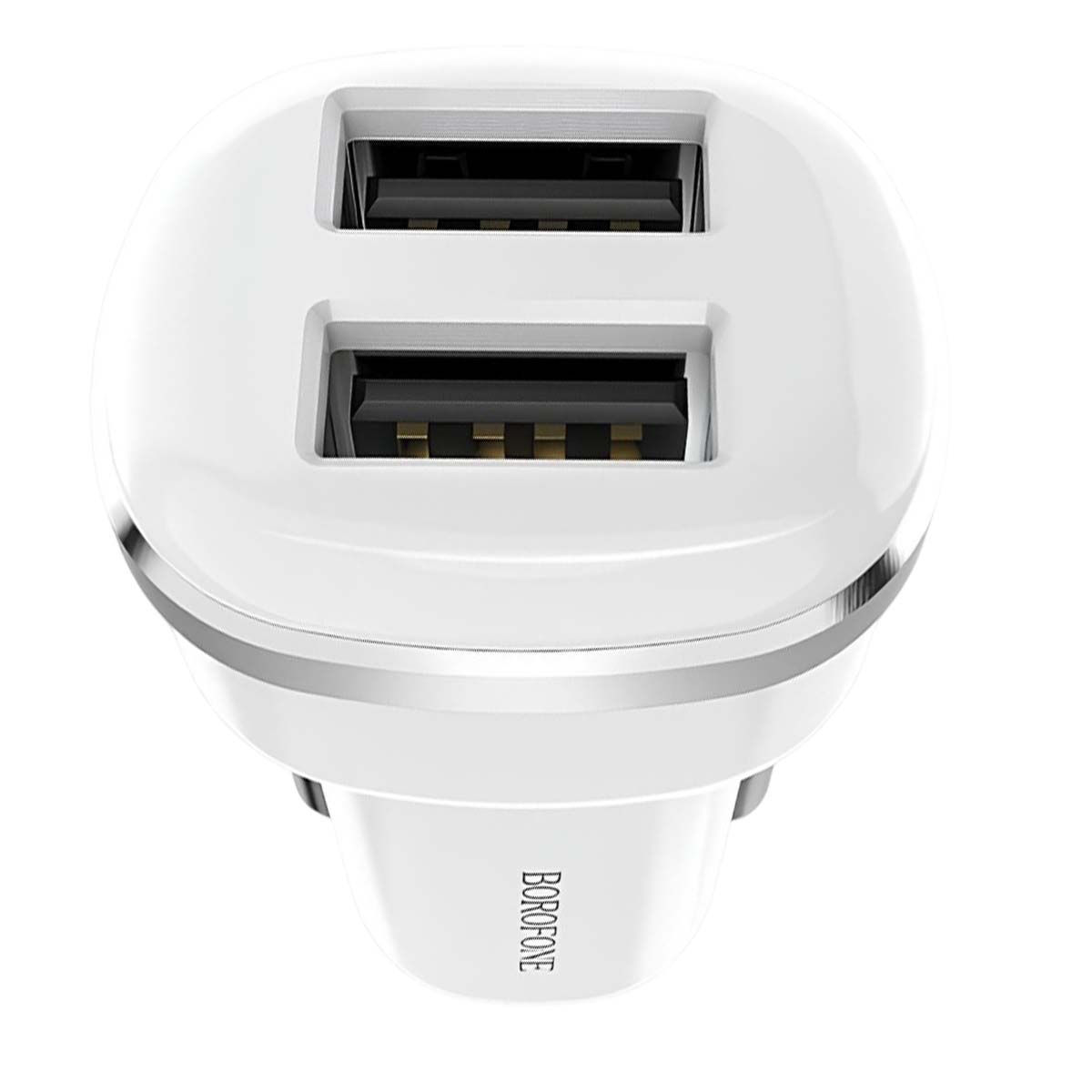 Un cargador de coche USB dual blanco con logo Borofone.
