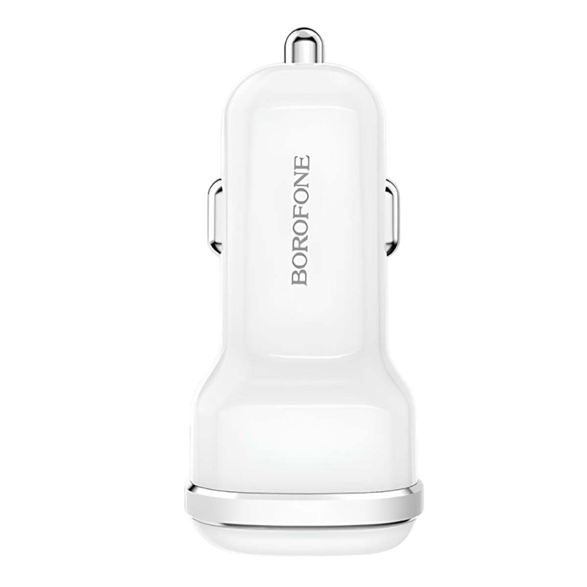 Un cargador USB de coche blanco con base plateada y logo Borofone.