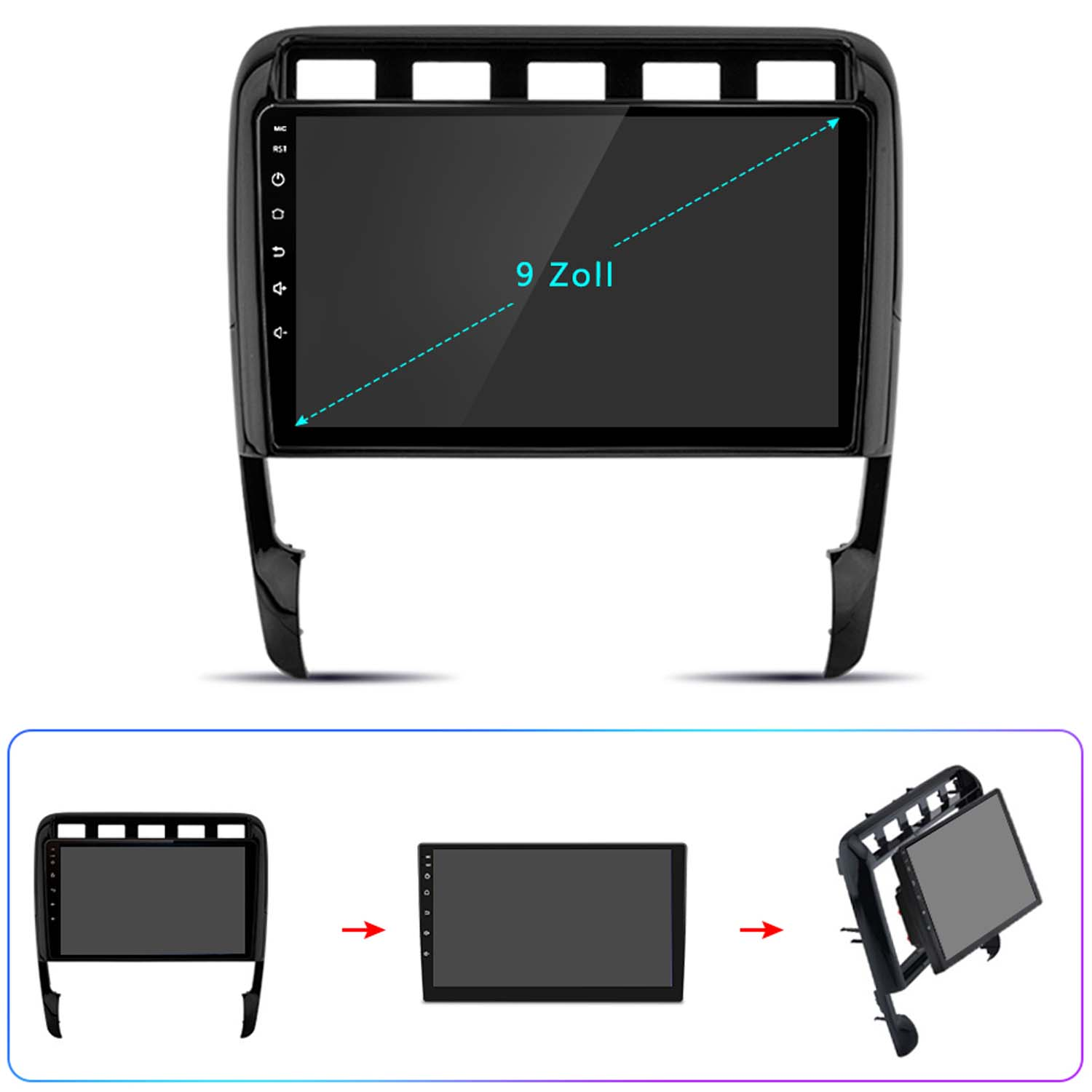 Ein schwarzes Armaturenbrett mit einem großen Touchscreen-Display.