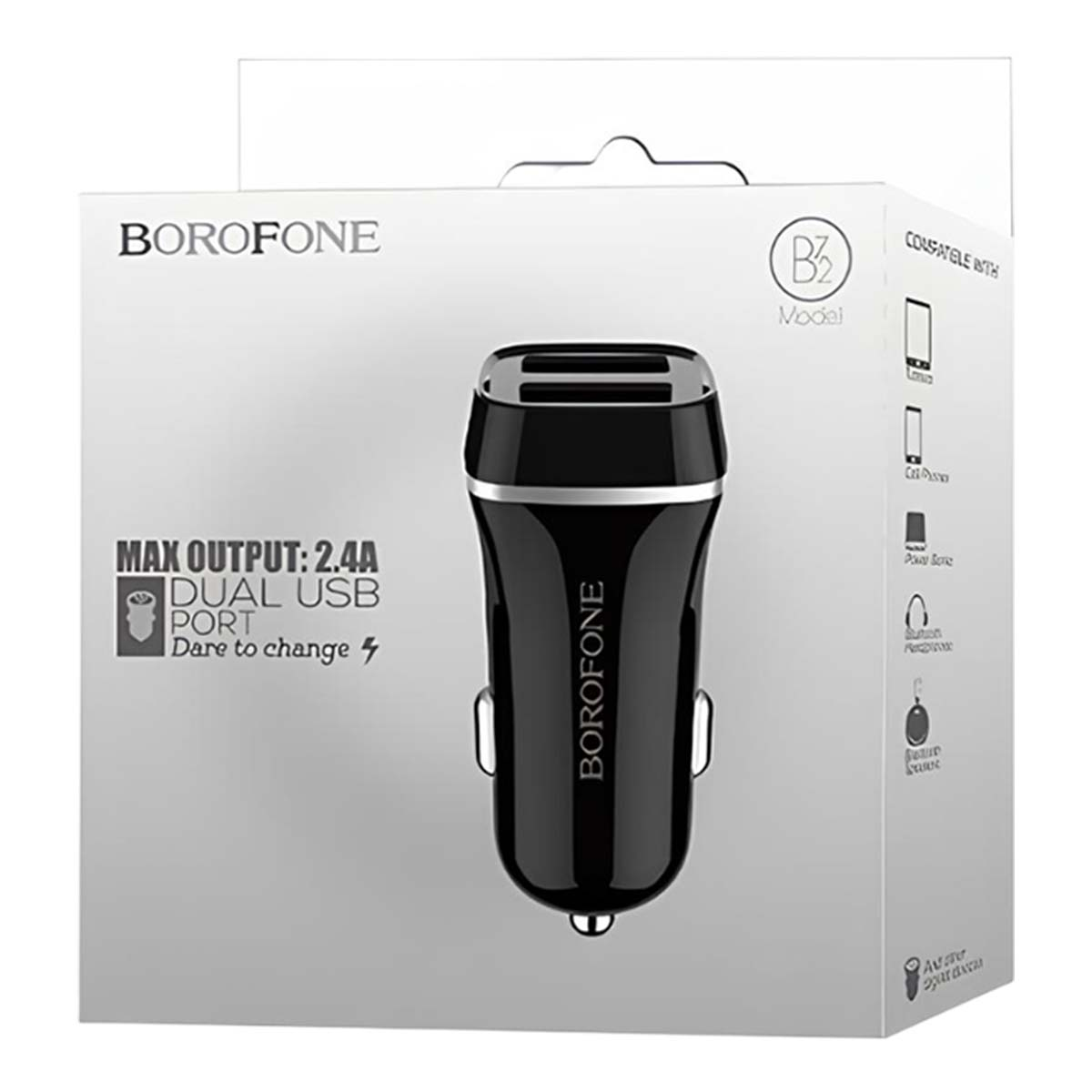 Cargador de coche dual USB Borofone negro en embalaje blanco con información.