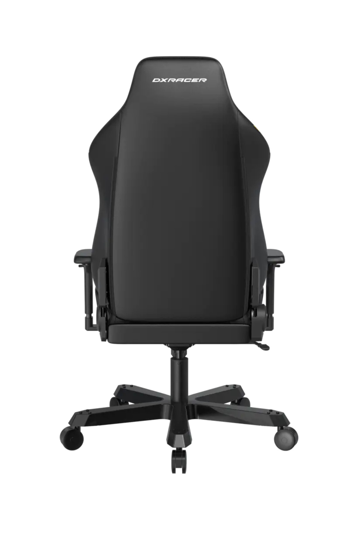 Yüksek sırtlı ve tekerlekli siyah ofis koltuğu. Üstte DXRacer logosu.