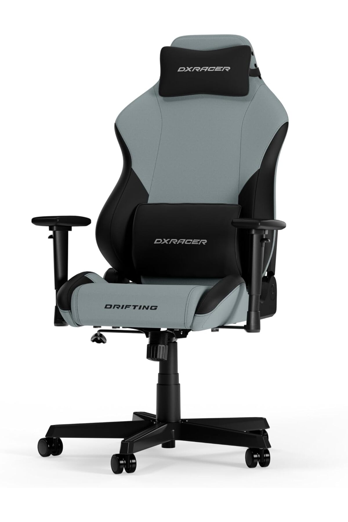 Gri ve siyah DXRacer oyuncu koltuğu, baş desteği ve bel yastığı ile.