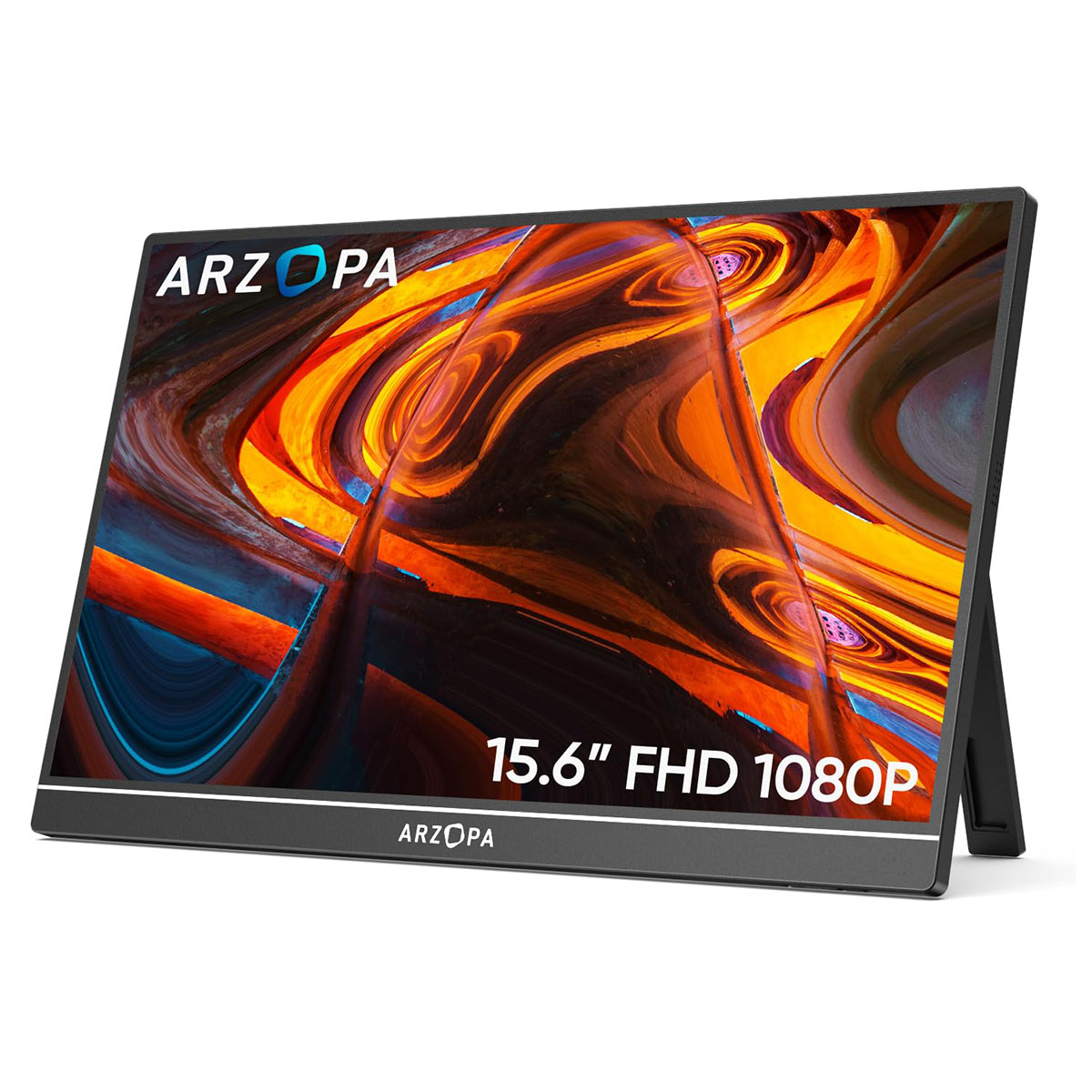 Soyut, renkli bir arka planı gösteren ARZOPA 15,6 inç FHD monitör.