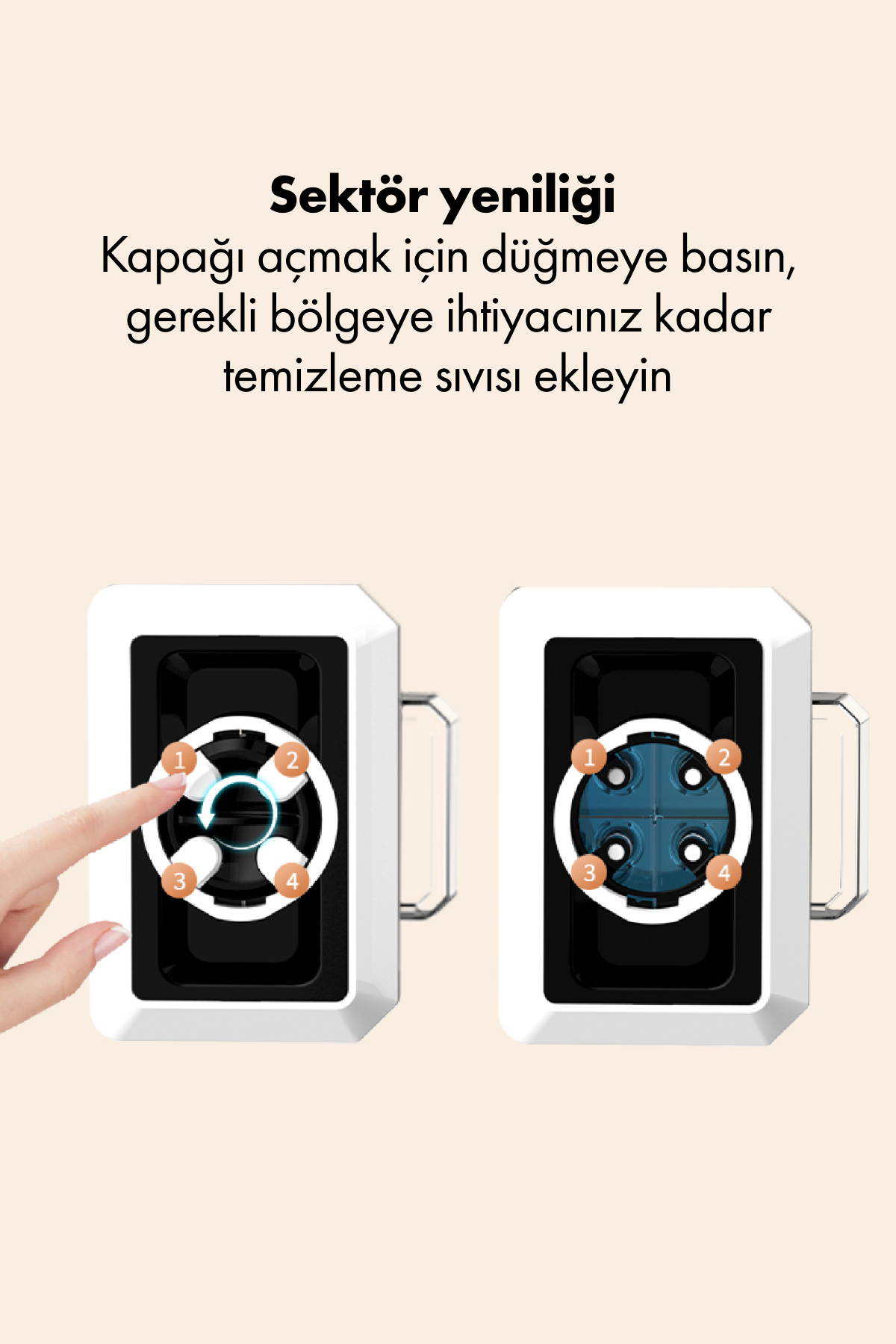 Bir el, dört numaralı bölümü olan bir cihazın 1 numaralı düğmesine basıyor.