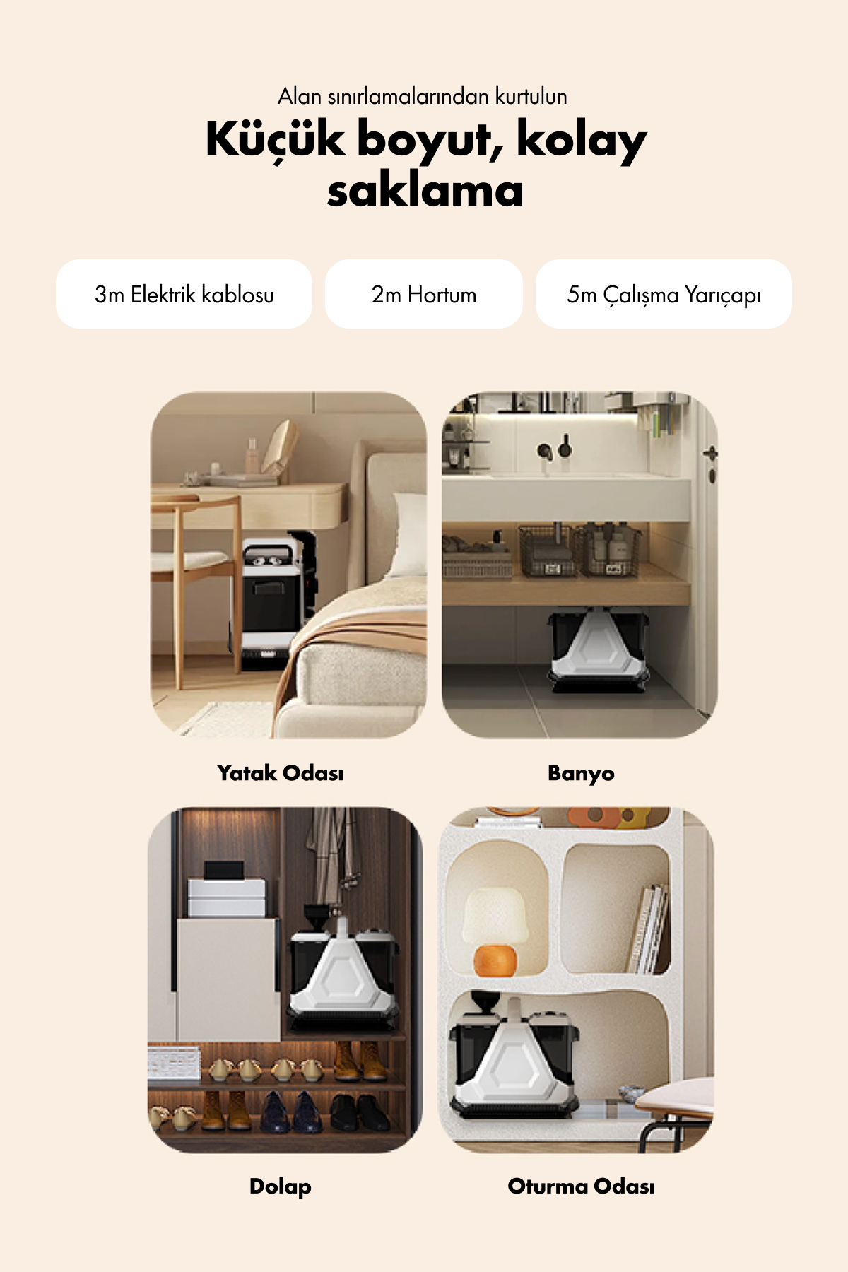 Beyaz robot süpürge farklı odalarda: yatak odası, banyo, dolap, oturma odası.