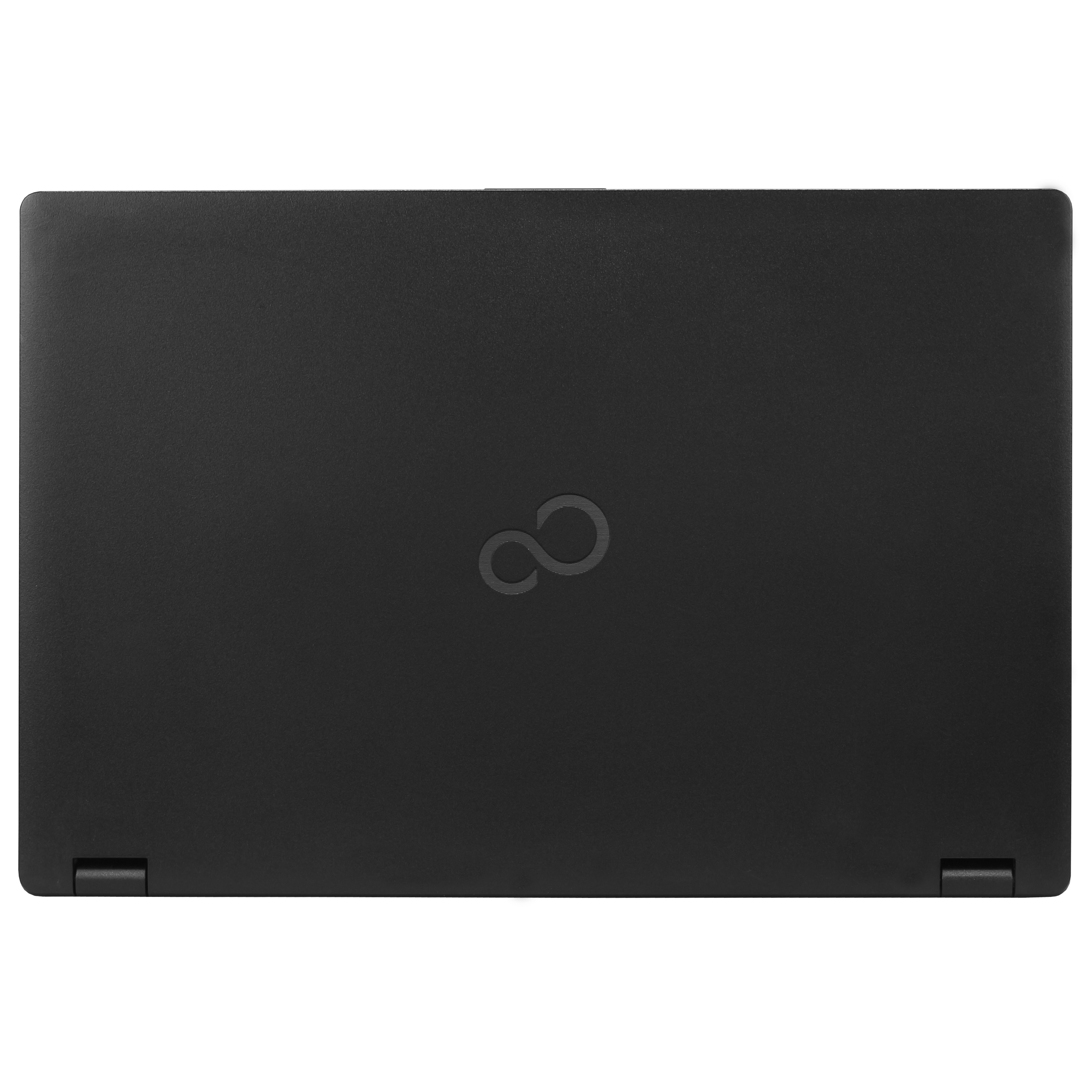 Portátil negro cerrado con logo de Fujitsu en la tapa.