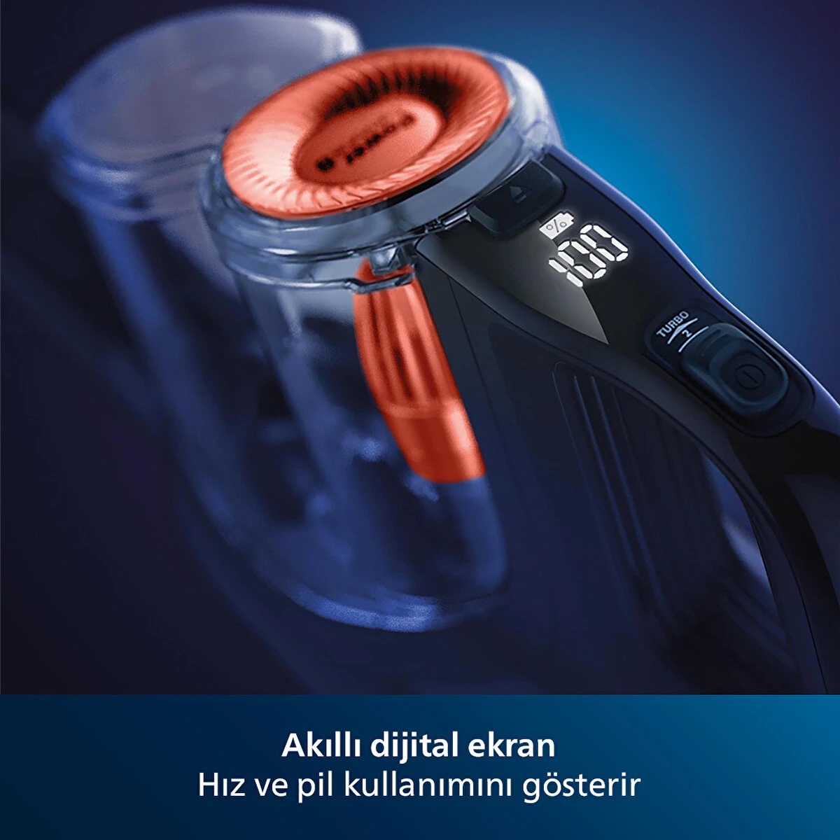 Dijital ekranlı siyah el süpürgesi %100 pil gösteriyor.