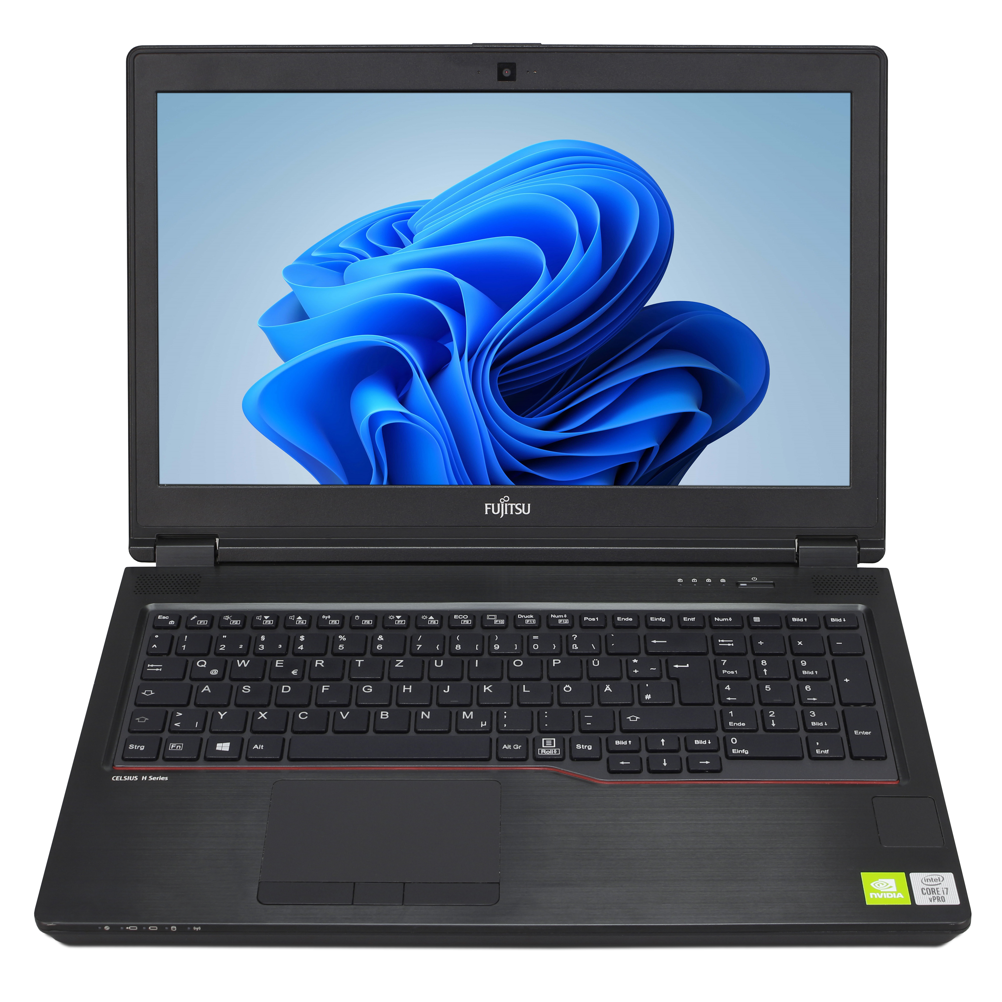Un ordinateur portable Fujitsu noir ouvert avec un fond bleu à l'écran.