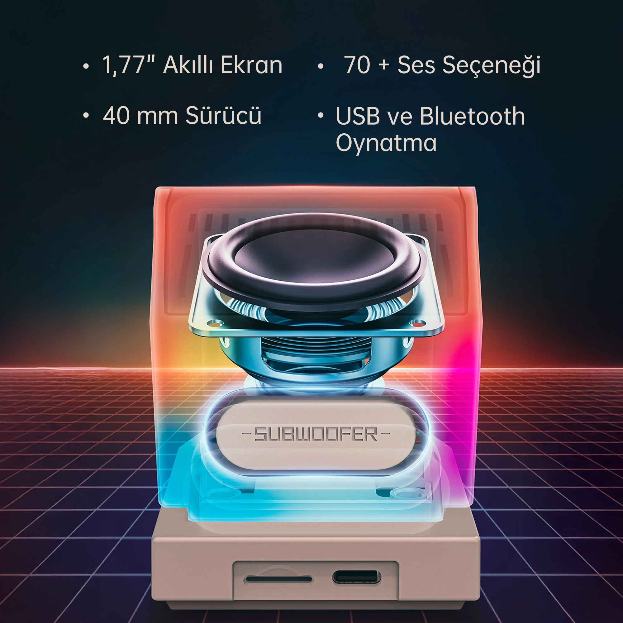  "SUBWOOFER" yazılı hoparlör, 1,77" ekran, 40 mm sürücü, USB/Bluetooth.