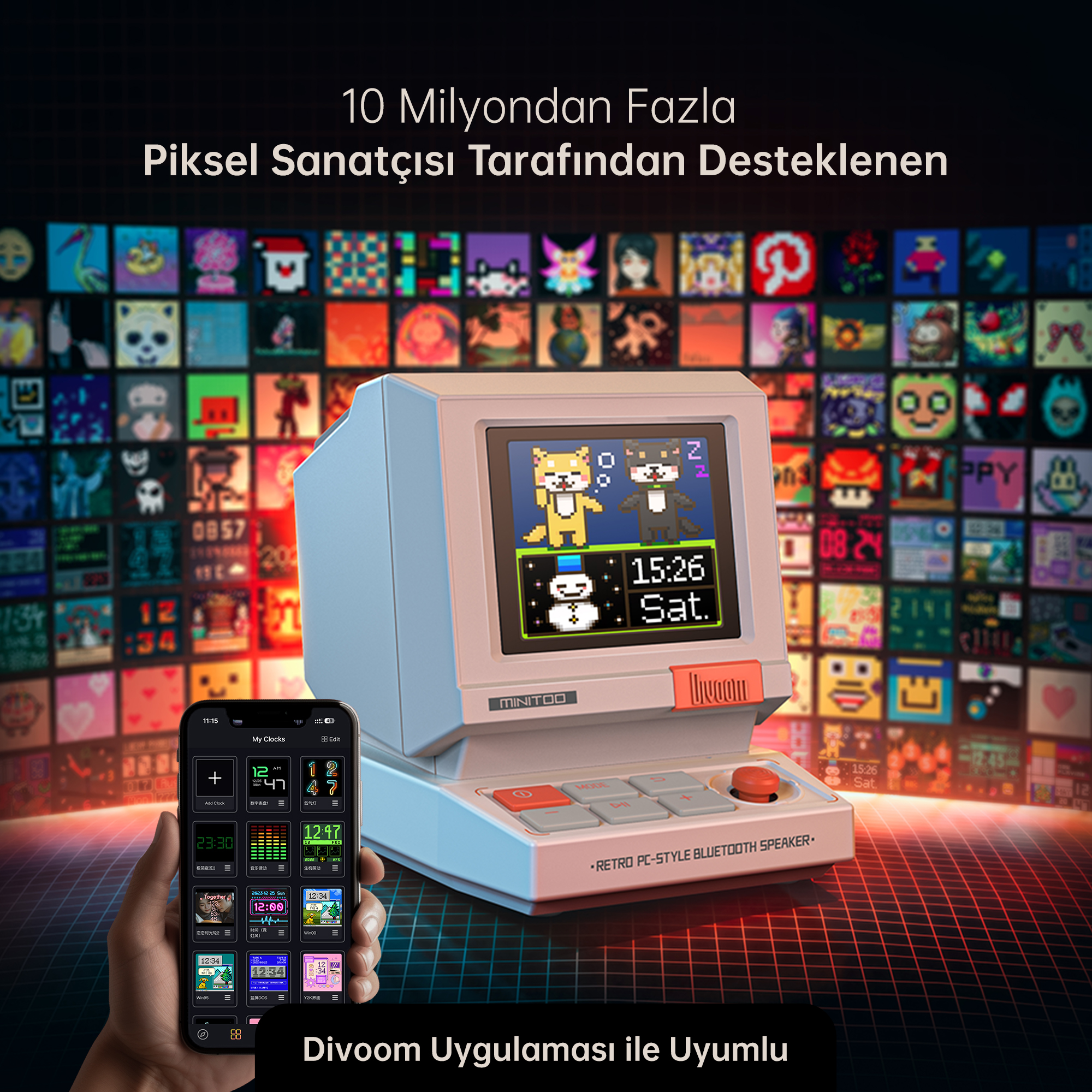 Pixel art ekrana sahip retro hoparlör, elde tutuluyor, uygulama gösteriliyor.