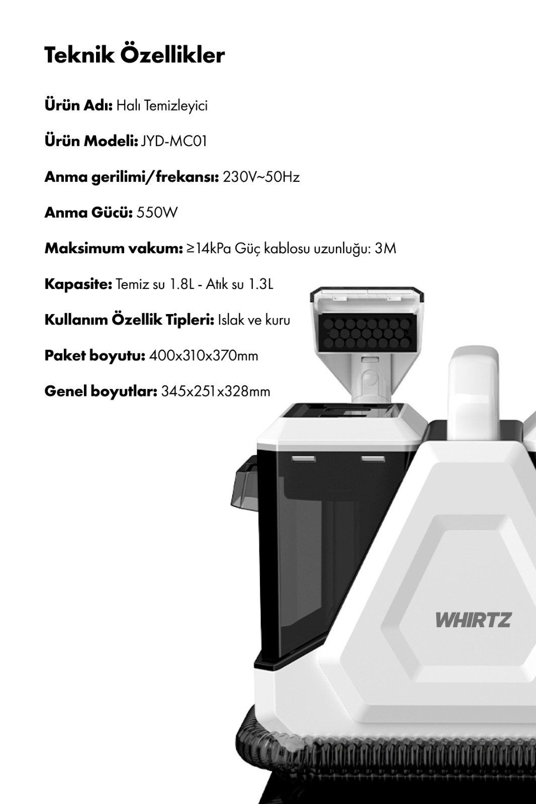 WHIRTZ markalı beyaz ve siyah halı yıkama makinesinin detaylı görünümü.