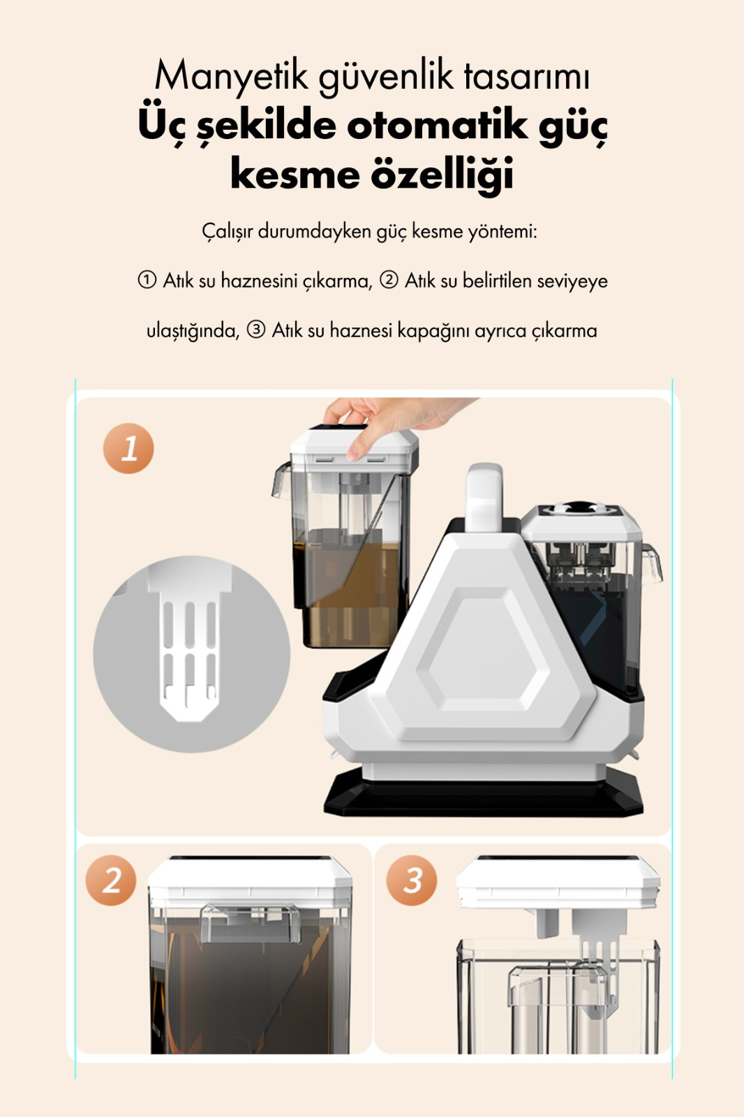 Boşaltma için üç numaralı adımda gösterilen beyaz cihaz.