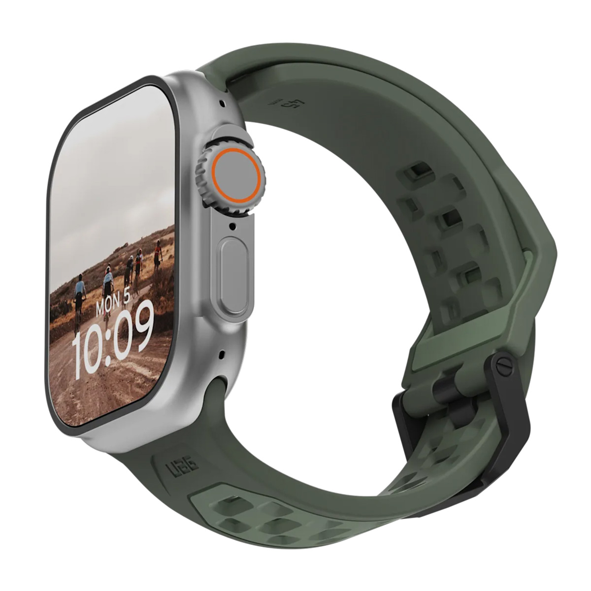 Szary smartwatch z zielonym paskiem, pokazuje 10:09 i rowerzystów.
