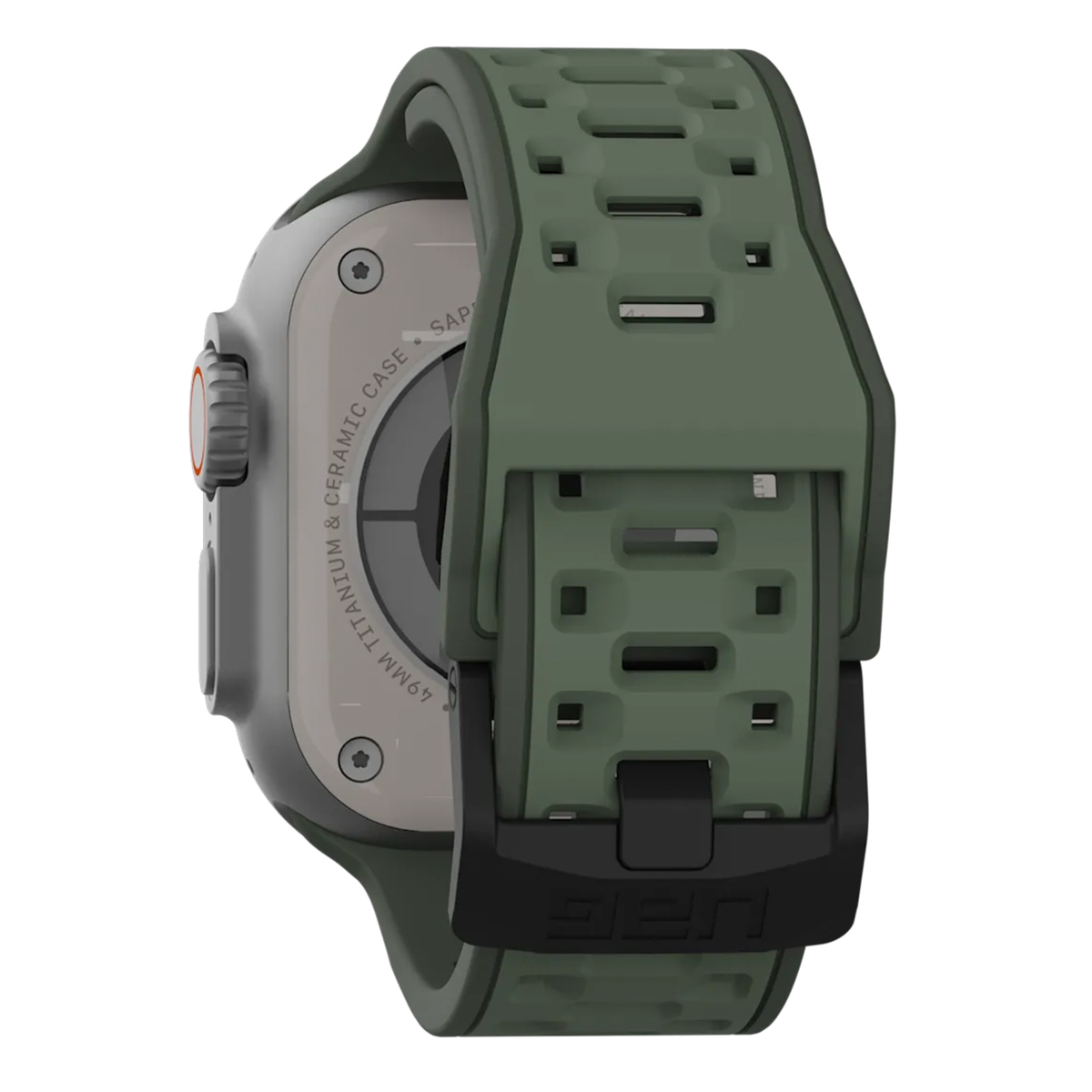 Zielony smartwatch z czarną klamrą i metalową obudową.