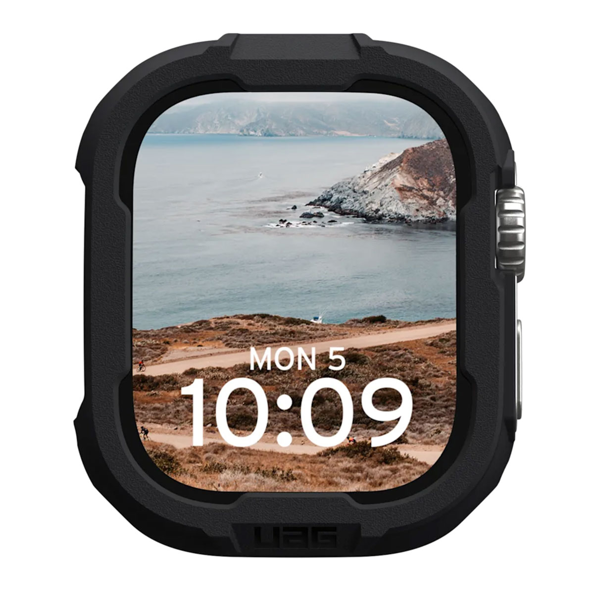 Czarna obudowa ramuje zegarek Apple Watch z krajobrazem i godziną 10:09.