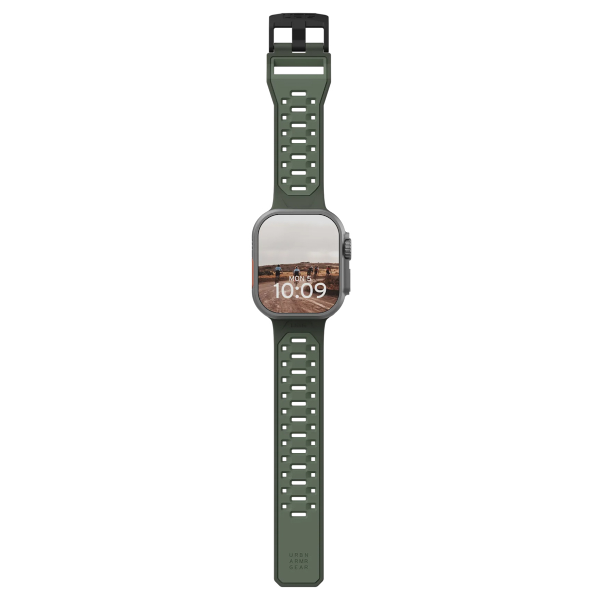 Zielony smartwatch z tarczą pokazującą rowerzystów.