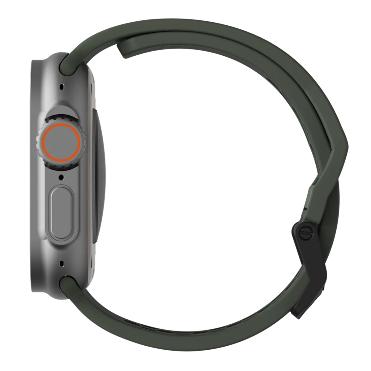 Szary smartwatch z ciemnozielonym paskiem, widok z boku.