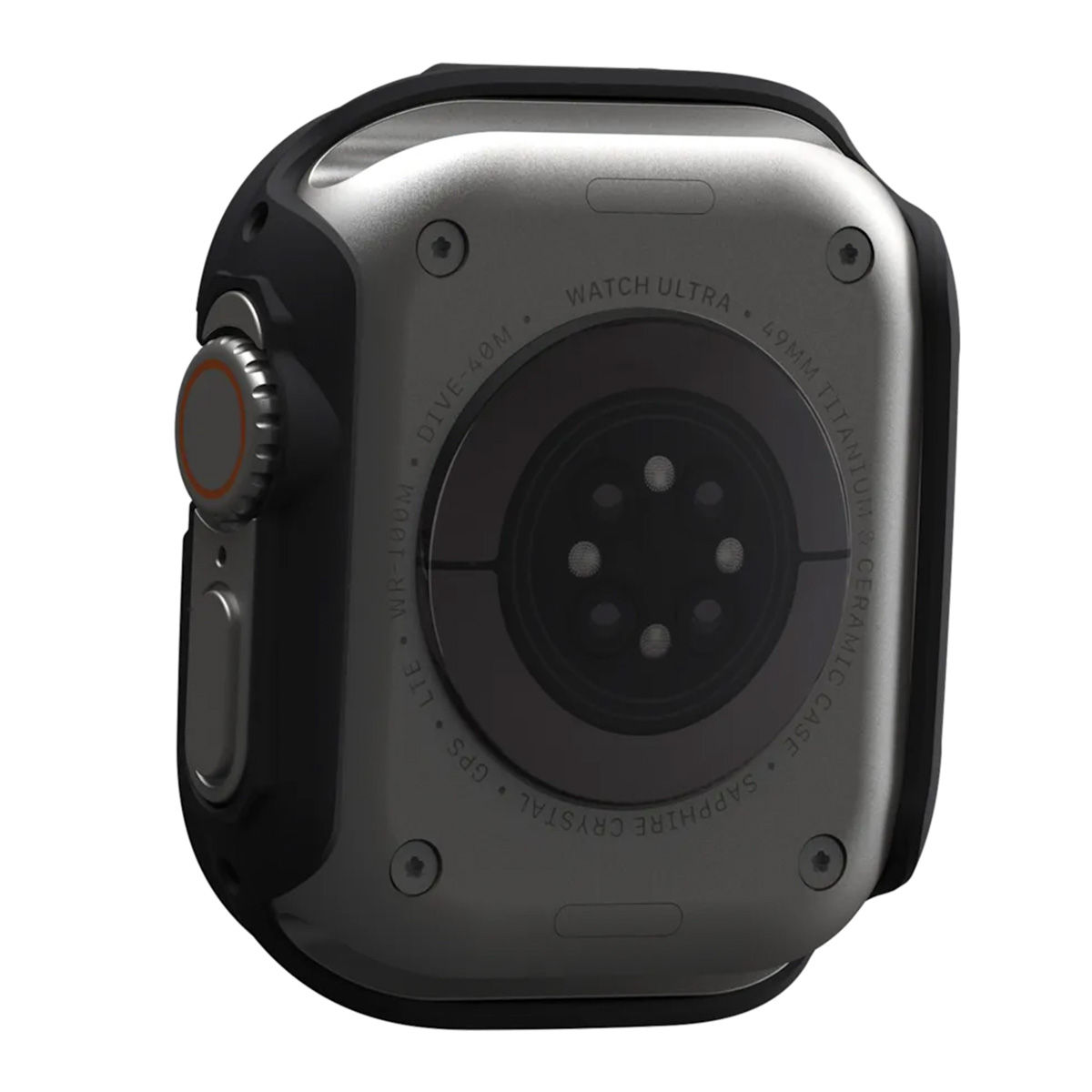 Tył Apple Watch Ultra z czarną kopertą i srebrną ramką.