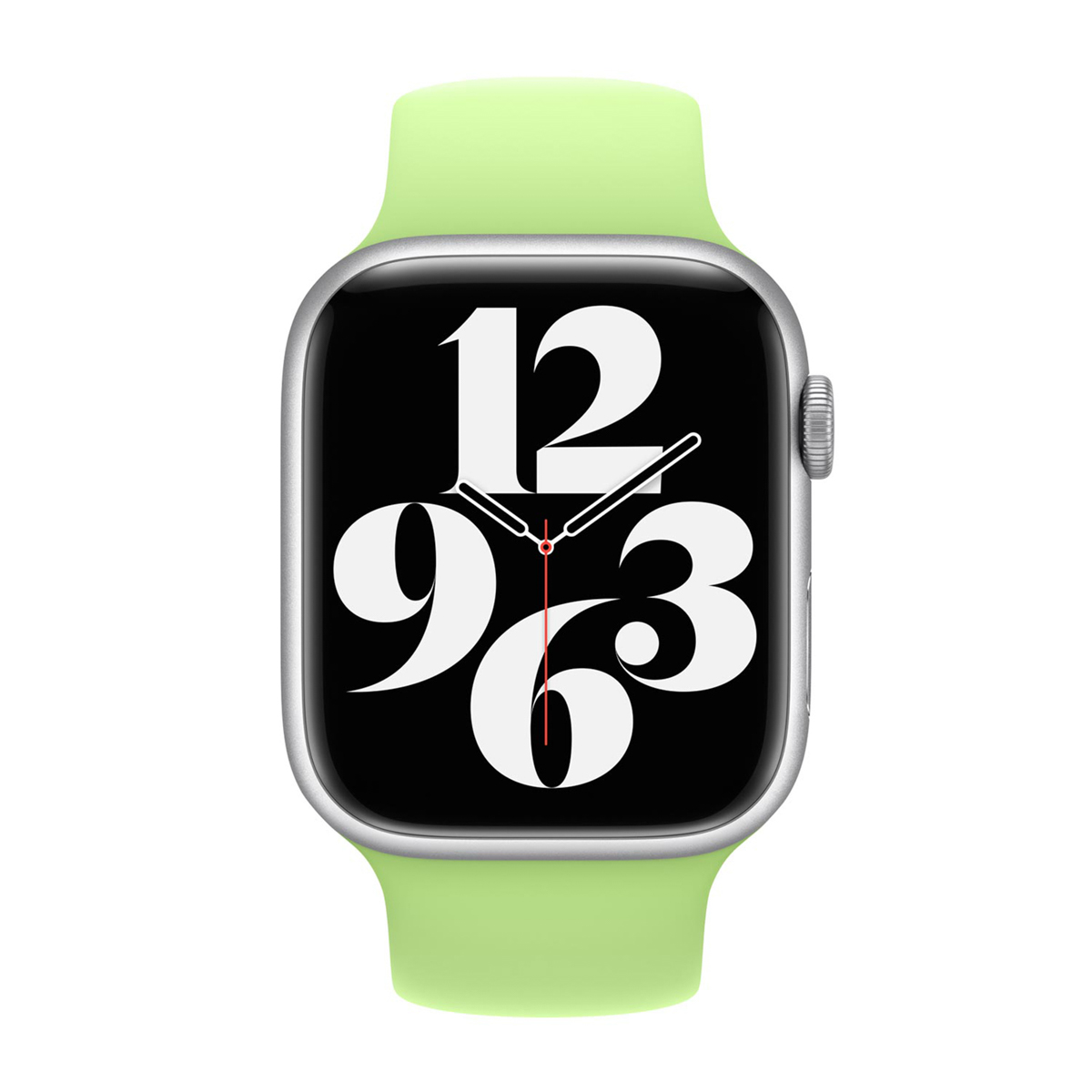 Smartwatch argento con cinturino verde chiaro, mostra numeri bianchi su quadrante nero.