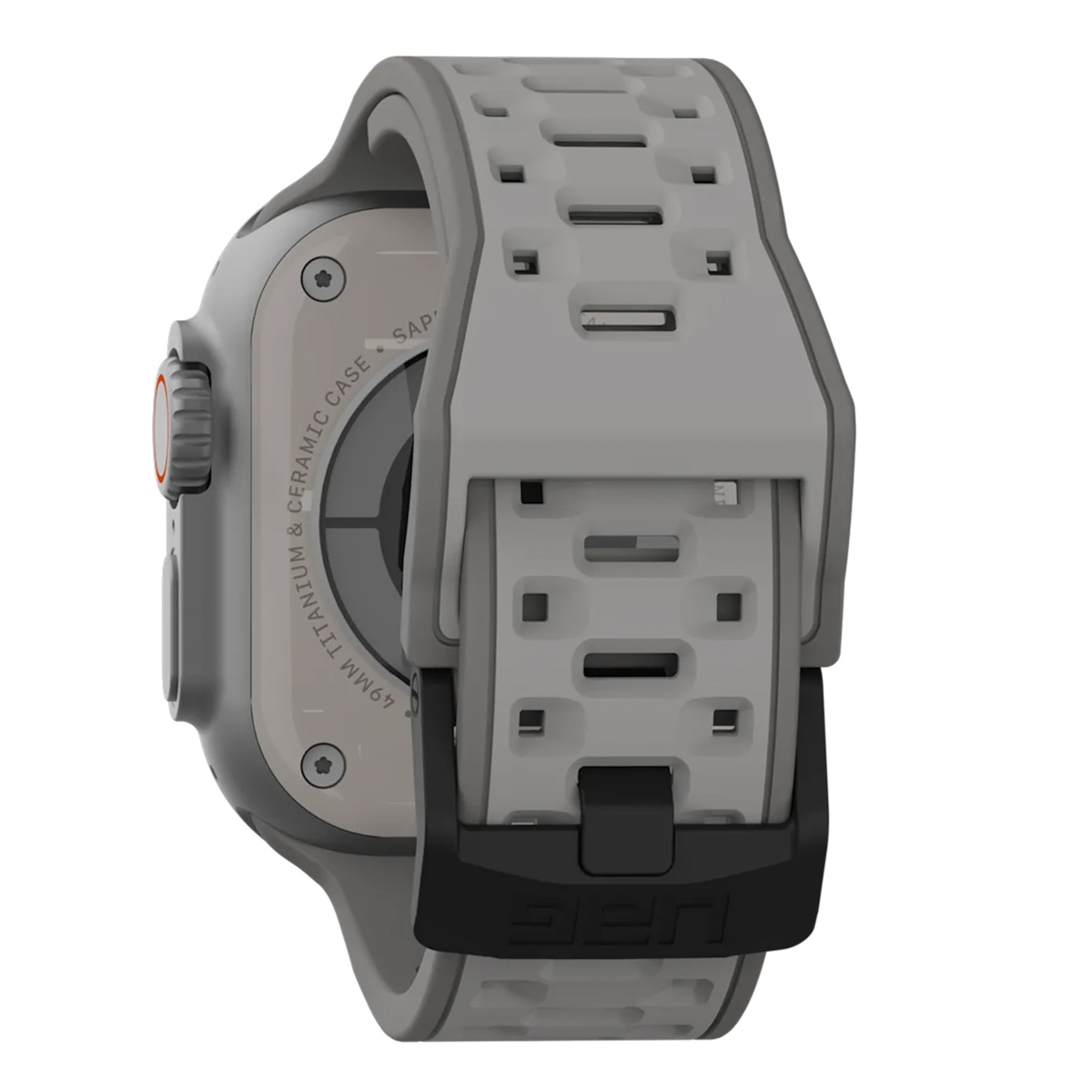 Szary smartwatch z srebrną kopertą i czarną klamrą.