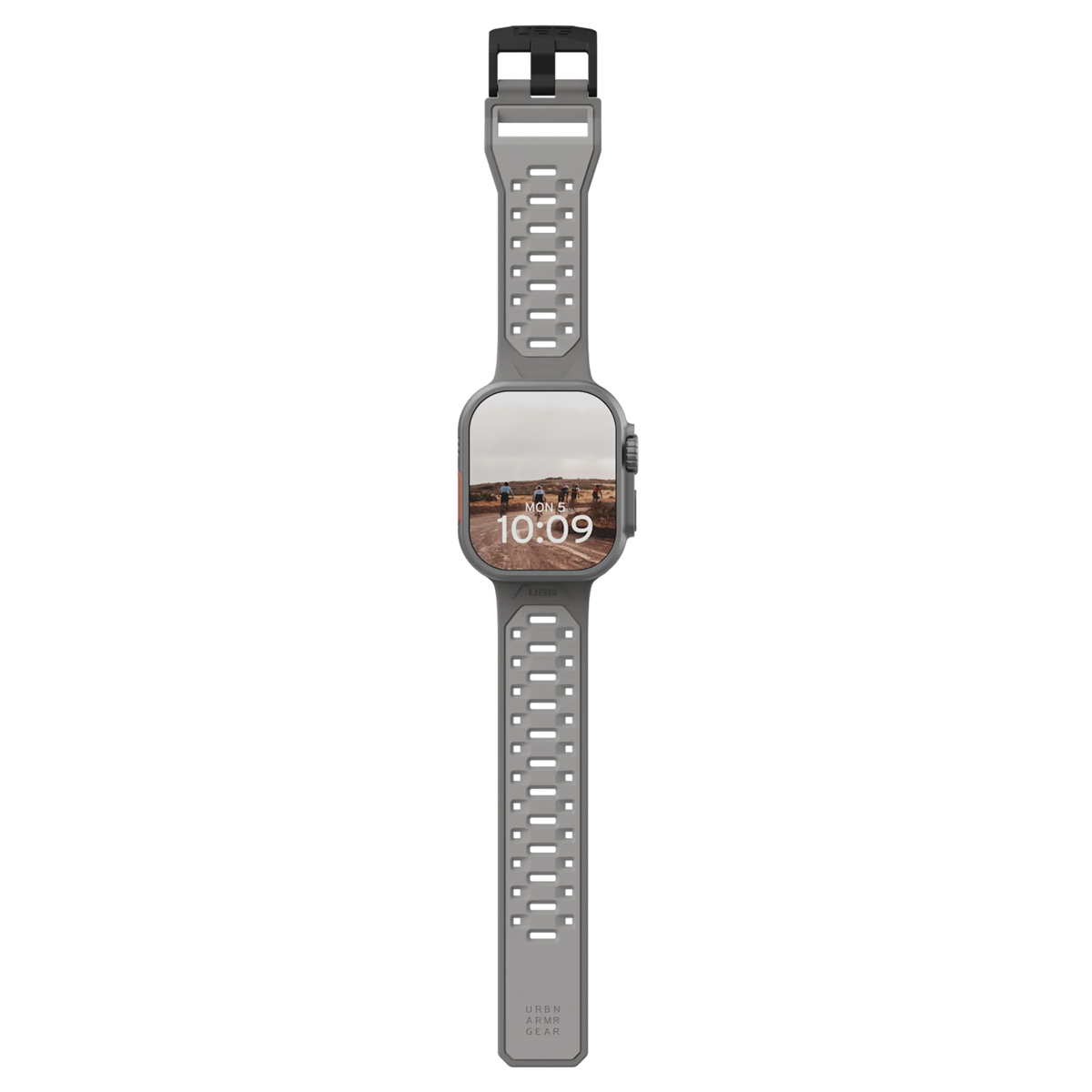 Szary smartwatch z czarną klamrą i rowerzystami na ekranie.
