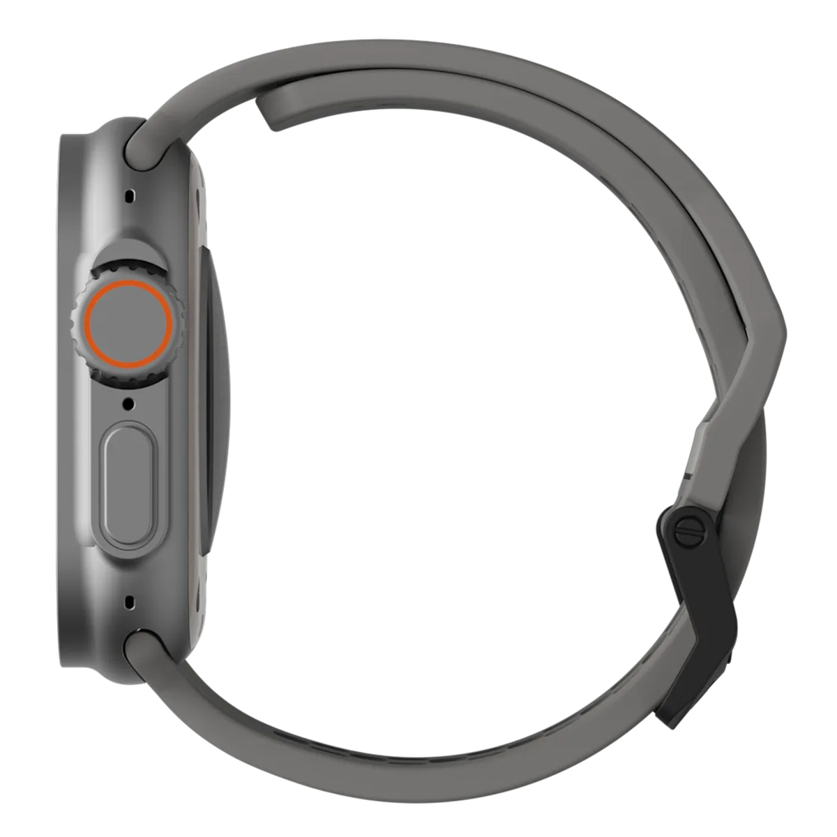 Szary smartwatch z pomarańczowym przyciskiem i paskiem na białym tle.