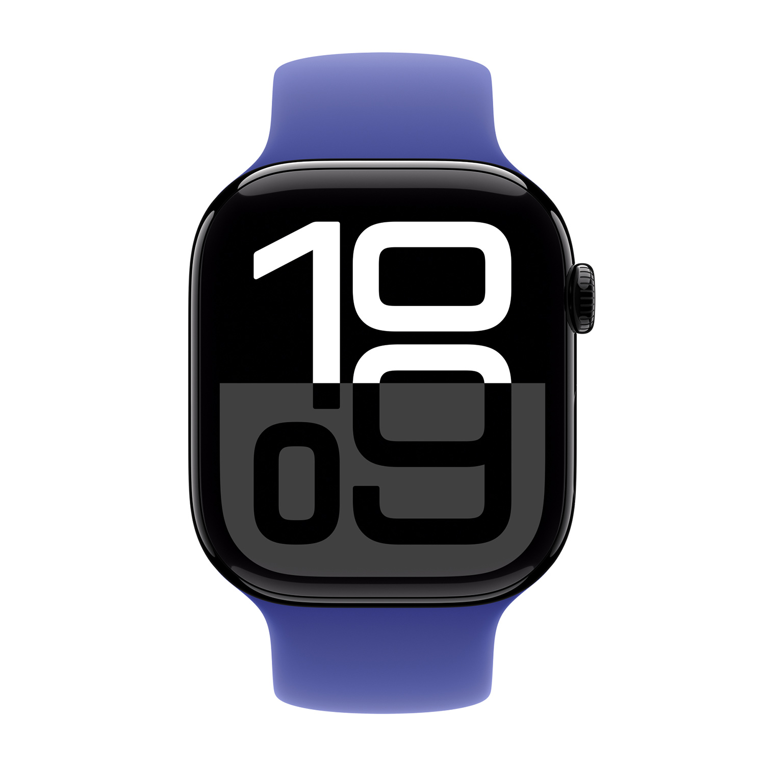 Uno smartwatch blu con schermo nero che mostra l'ora 19:09.