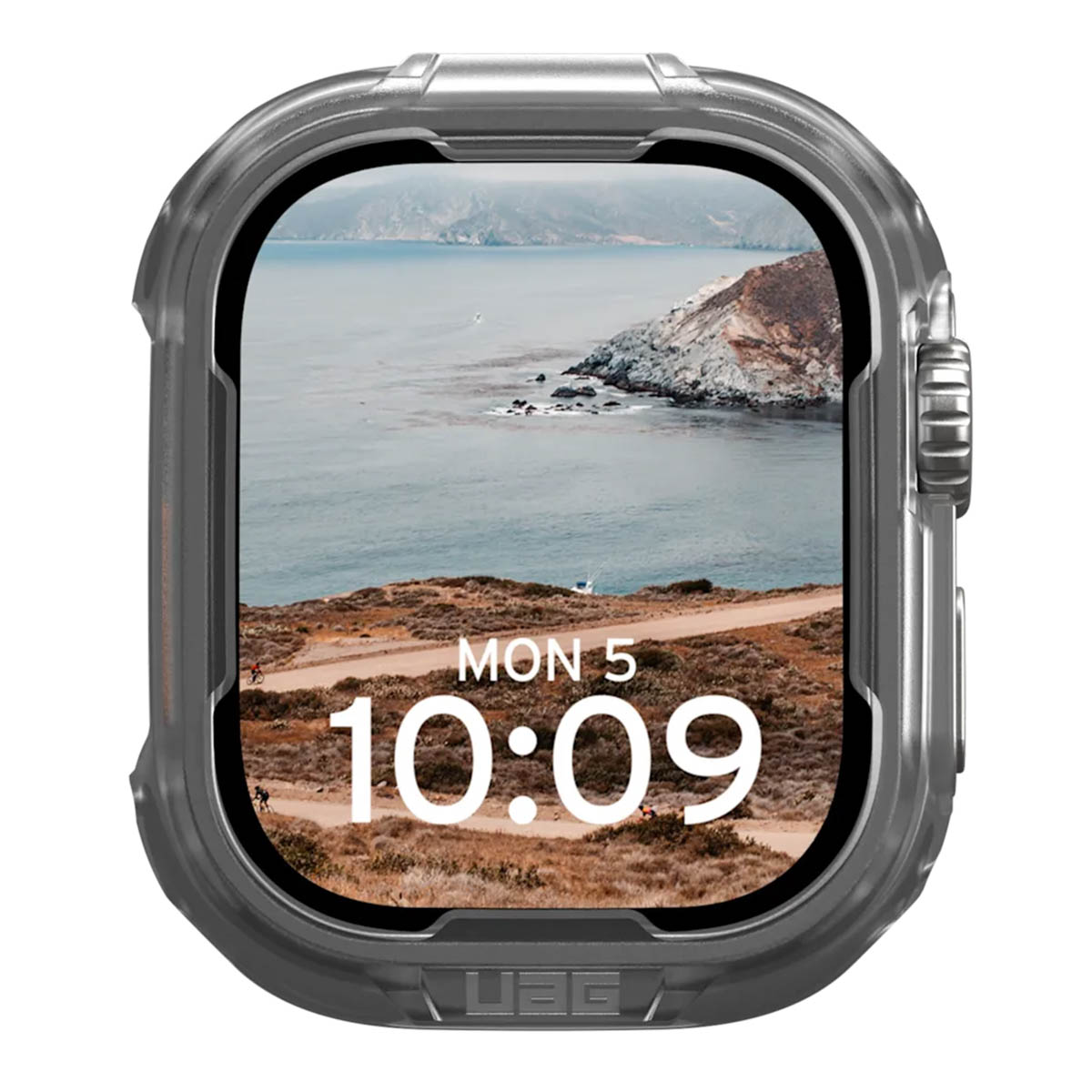 Szara obudowa smartwatch z tarczą krajobrazową. Godzina 10:09.