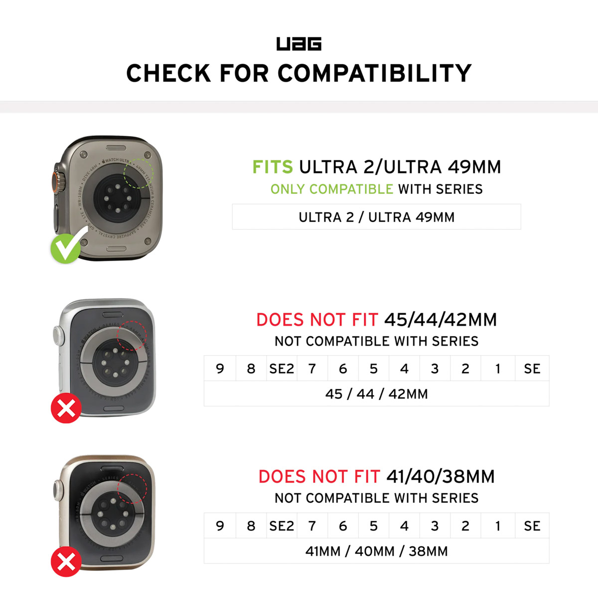 Przewodnik UAG: Ultra 2/49mm pasuje. 45/44/42mm i 41/40/38mm nie pasują.