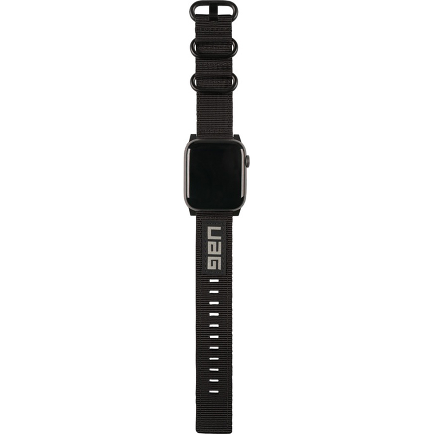 Schwarzes Smartwatch-Armband mit silbernem Logo und Schnalle.