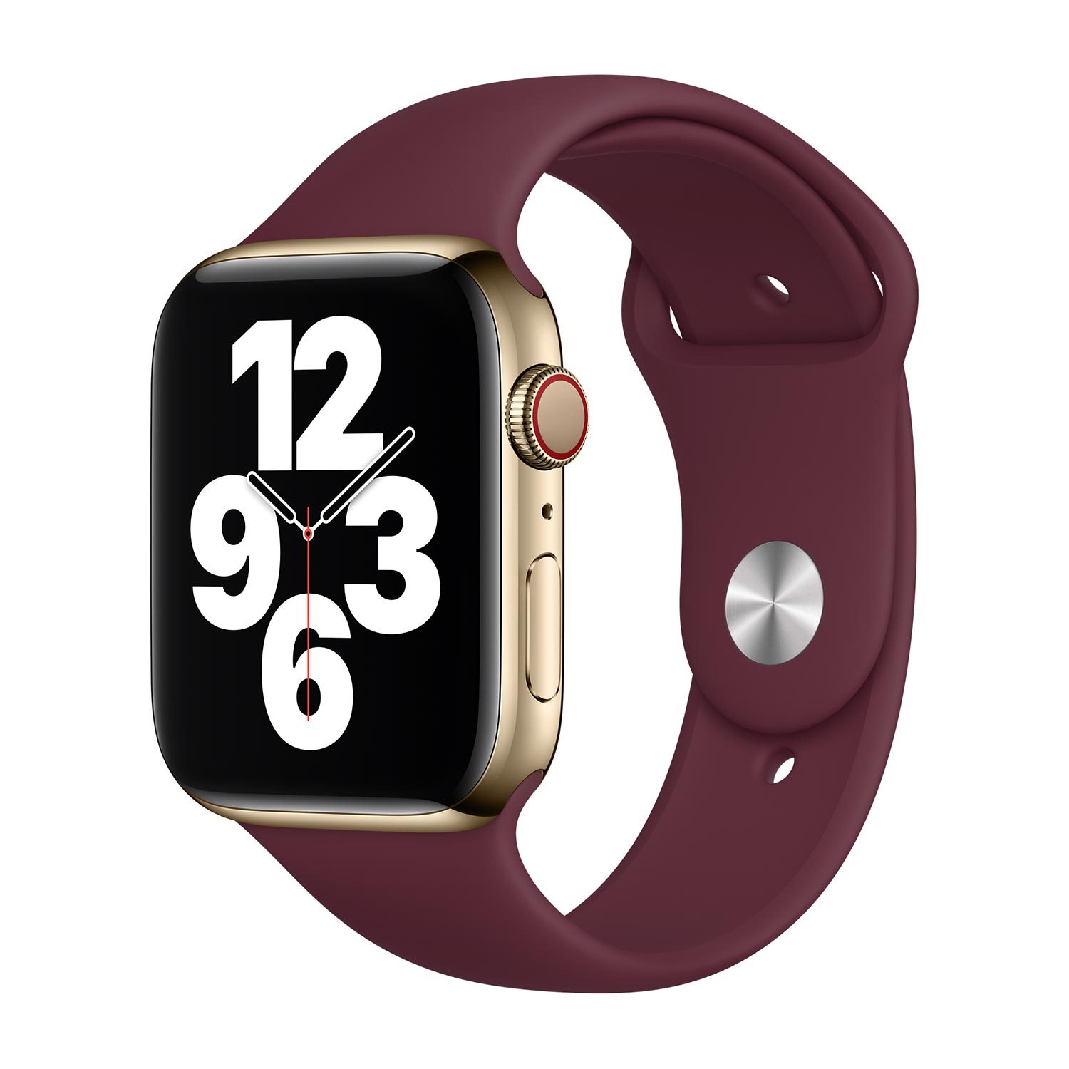 Gouden smartwatch met bordeauxrode band die 12:09 toont.