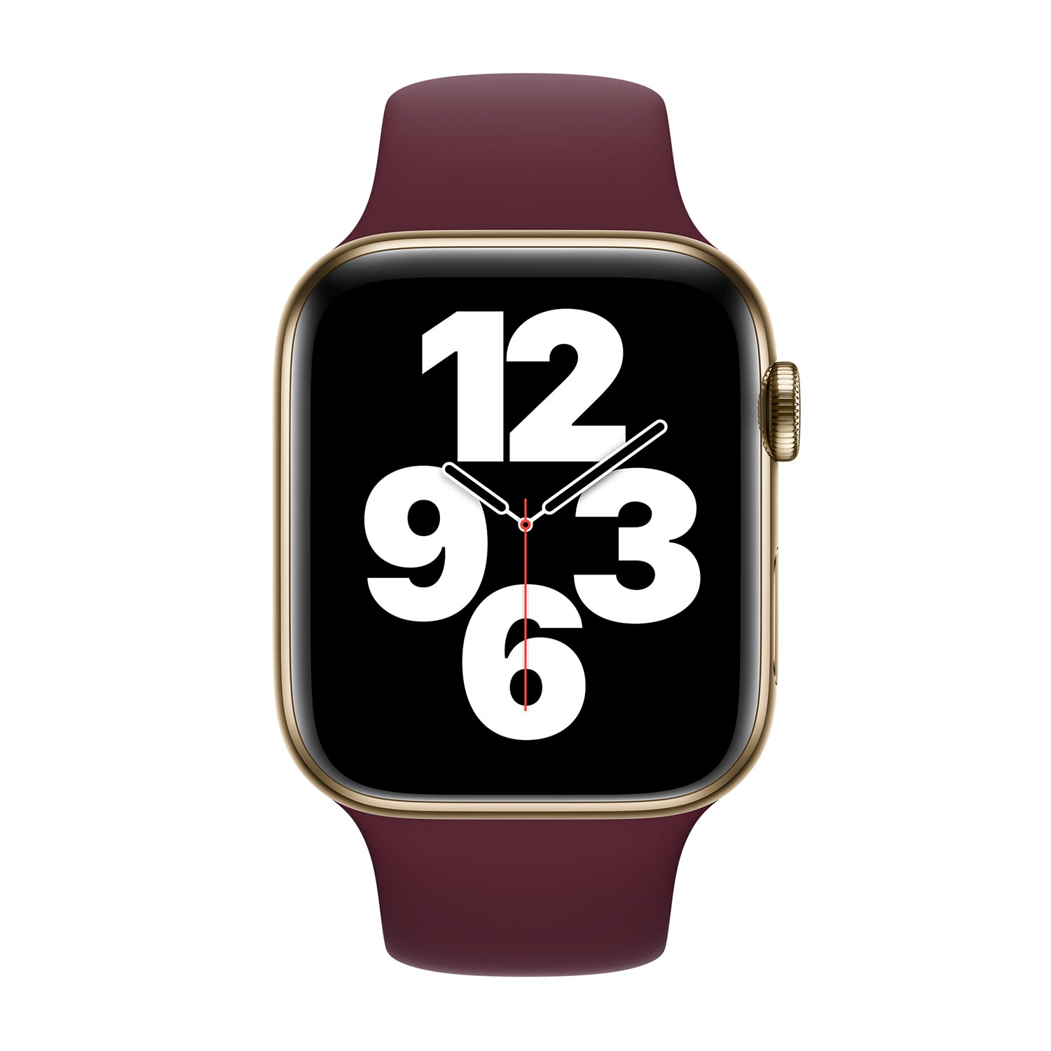 Gouden Apple Watch met bordeauxrode band en wijzerplaat.