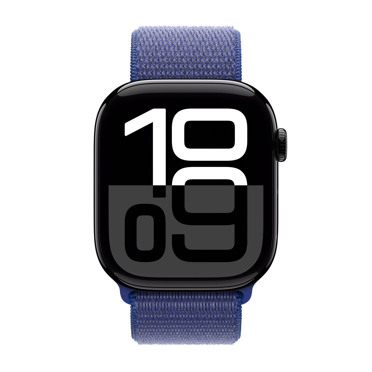 Een zwarte smartwatch met blauwe stoffen band toont 19:09.
