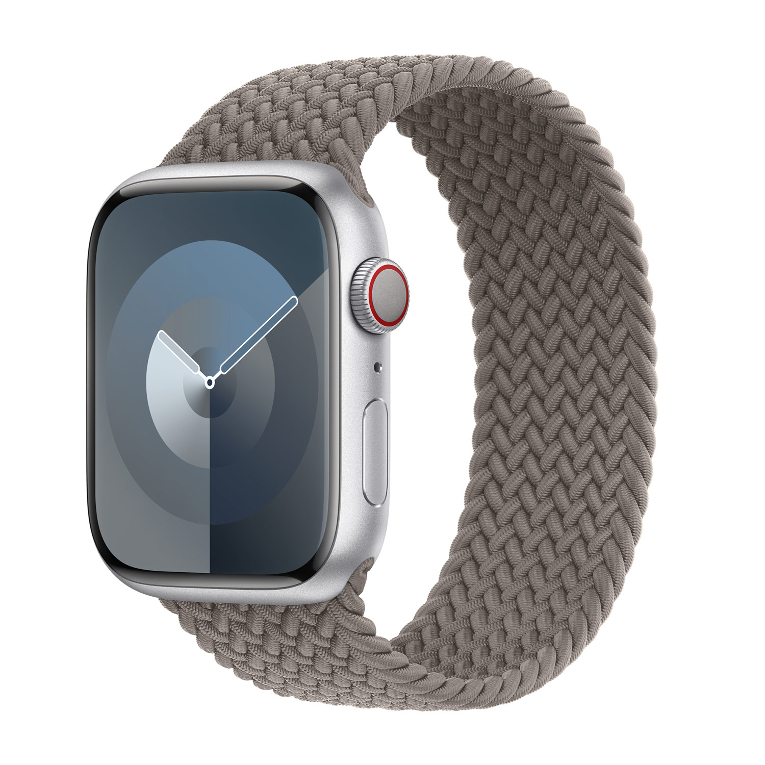 Zilveren smartwatch met grijze gevlochten band op witte achtergrond.