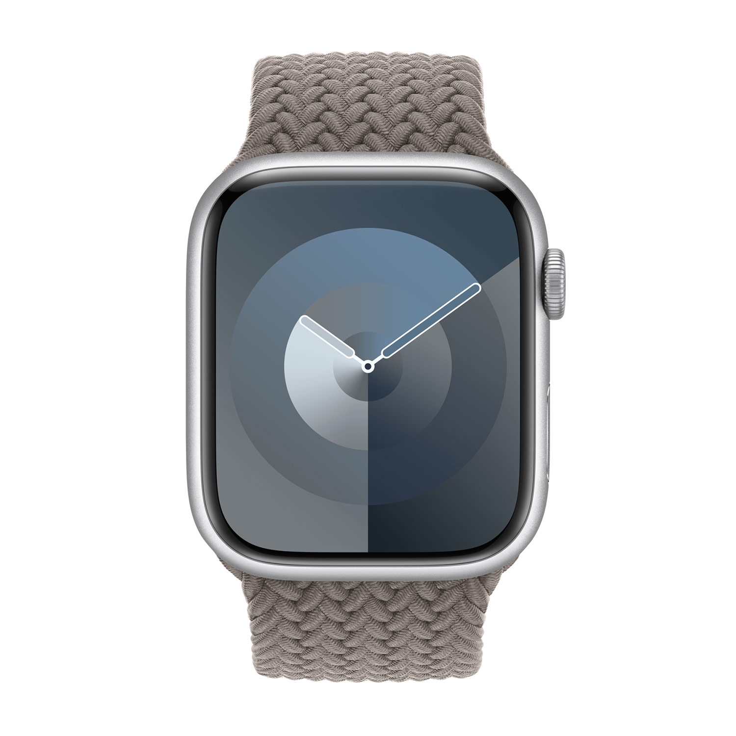 Zilverkleurig smartwatch met gevlochten band en abstracte wijzerplaat.