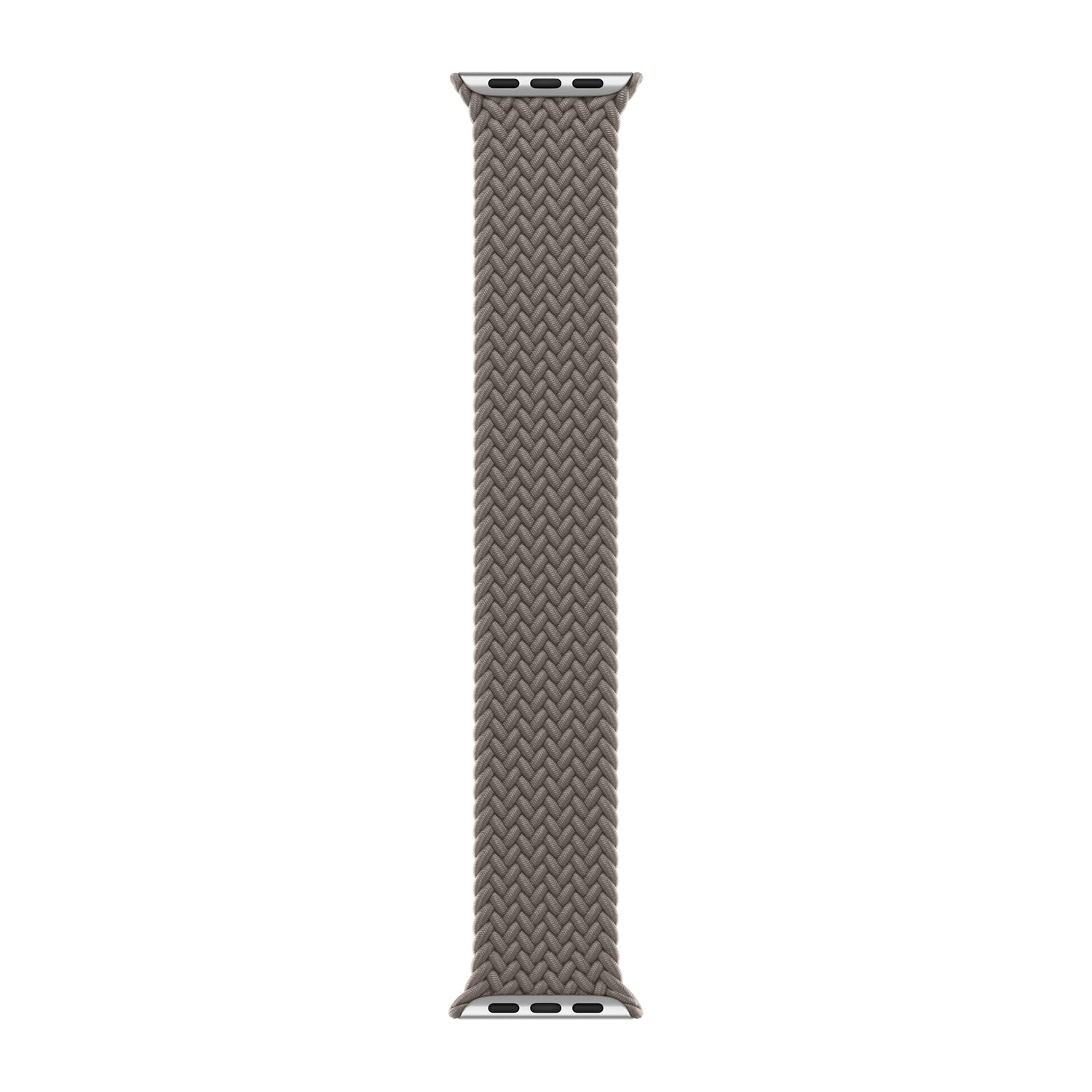 Grijze gevlochten Apple Watch band met zilveren connectoren.