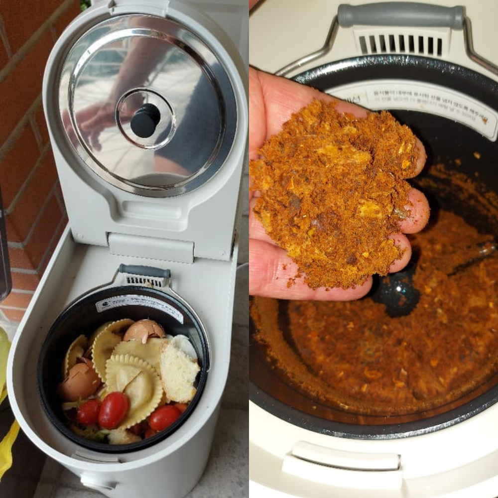 Un compostatore mostra scarti alimentari come gusci d'uovo e pomodori. Accanto, una mano tiene compost secco.