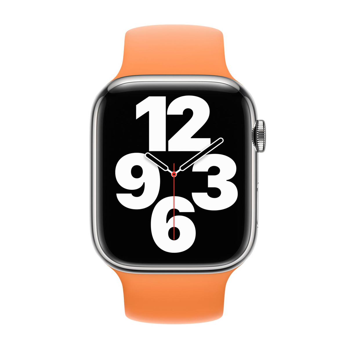 Un Apple Watch arancione con un grande quadrante nero che mostra numeri bianchi.