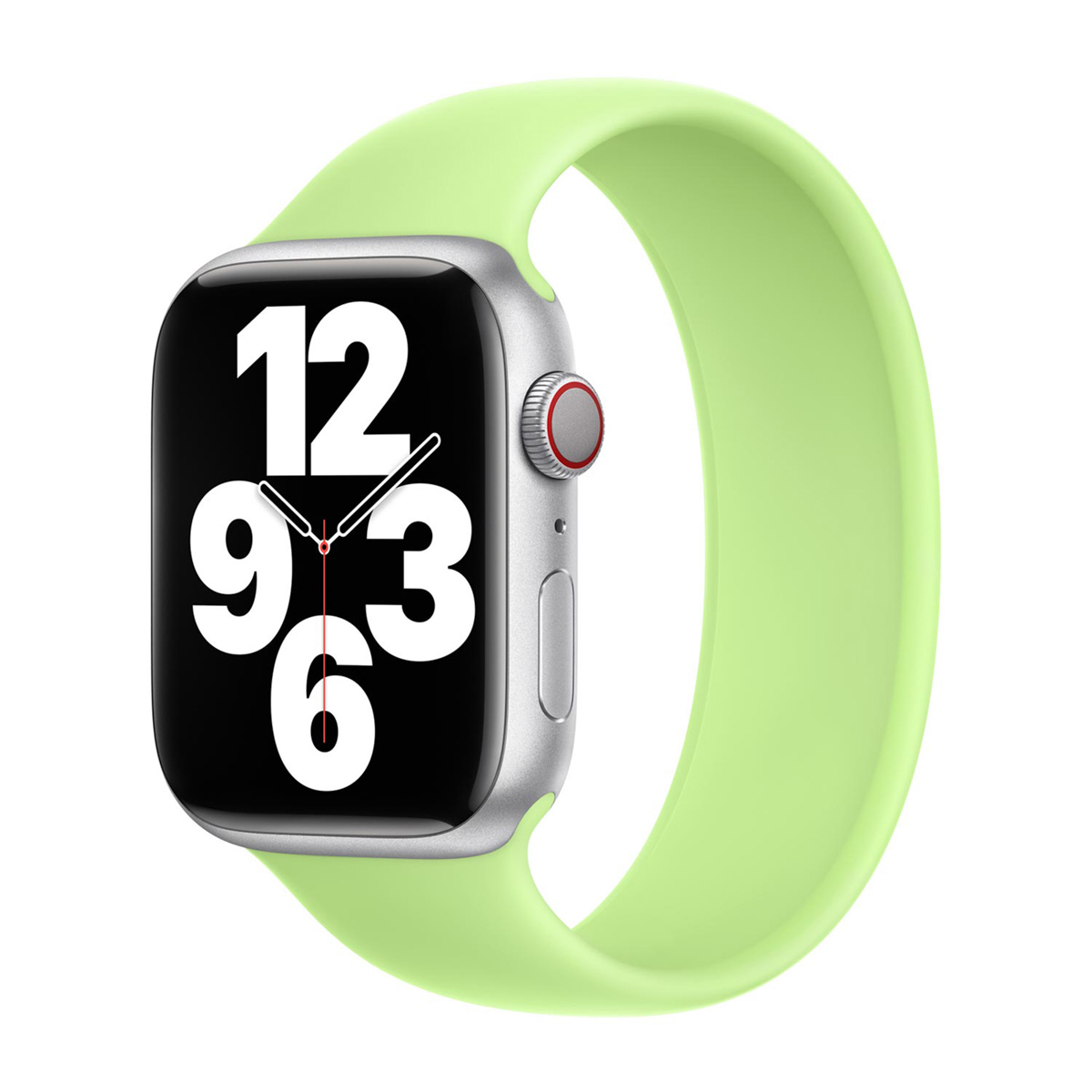 Smartwatch argento con cinturino verde chiaro. Mostra un quadrante con grandi numeri bianchi.