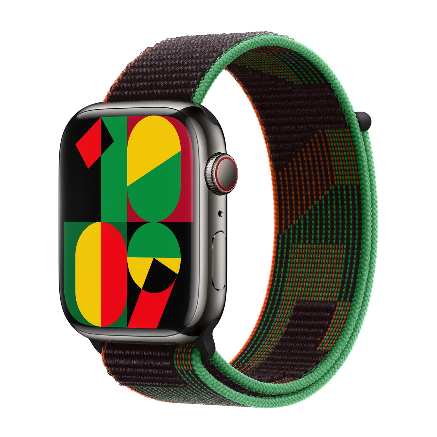 A grey smartwatch with a colorful band and a geometric watch face.