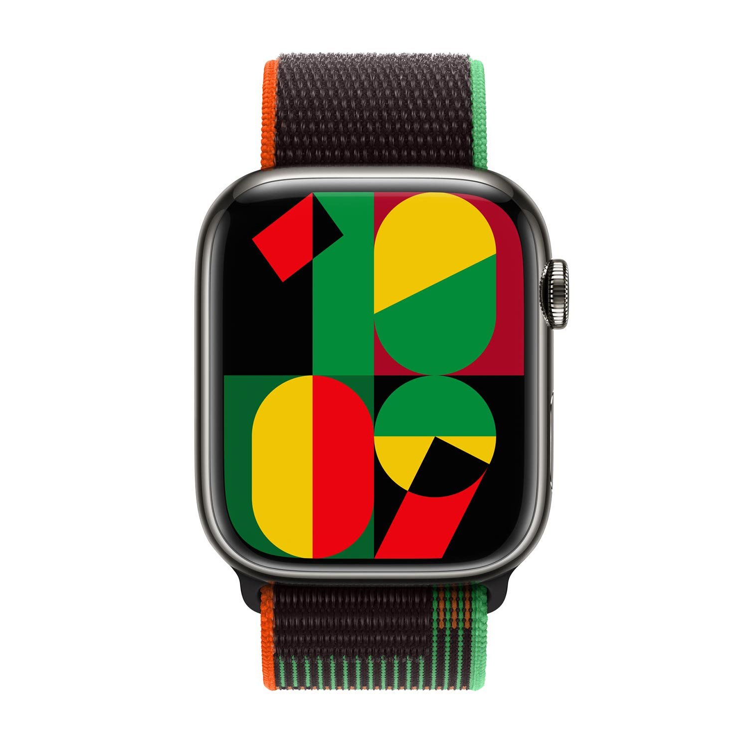 A smartwatch featuring a colorful screen display with red, yellow, green, and black.