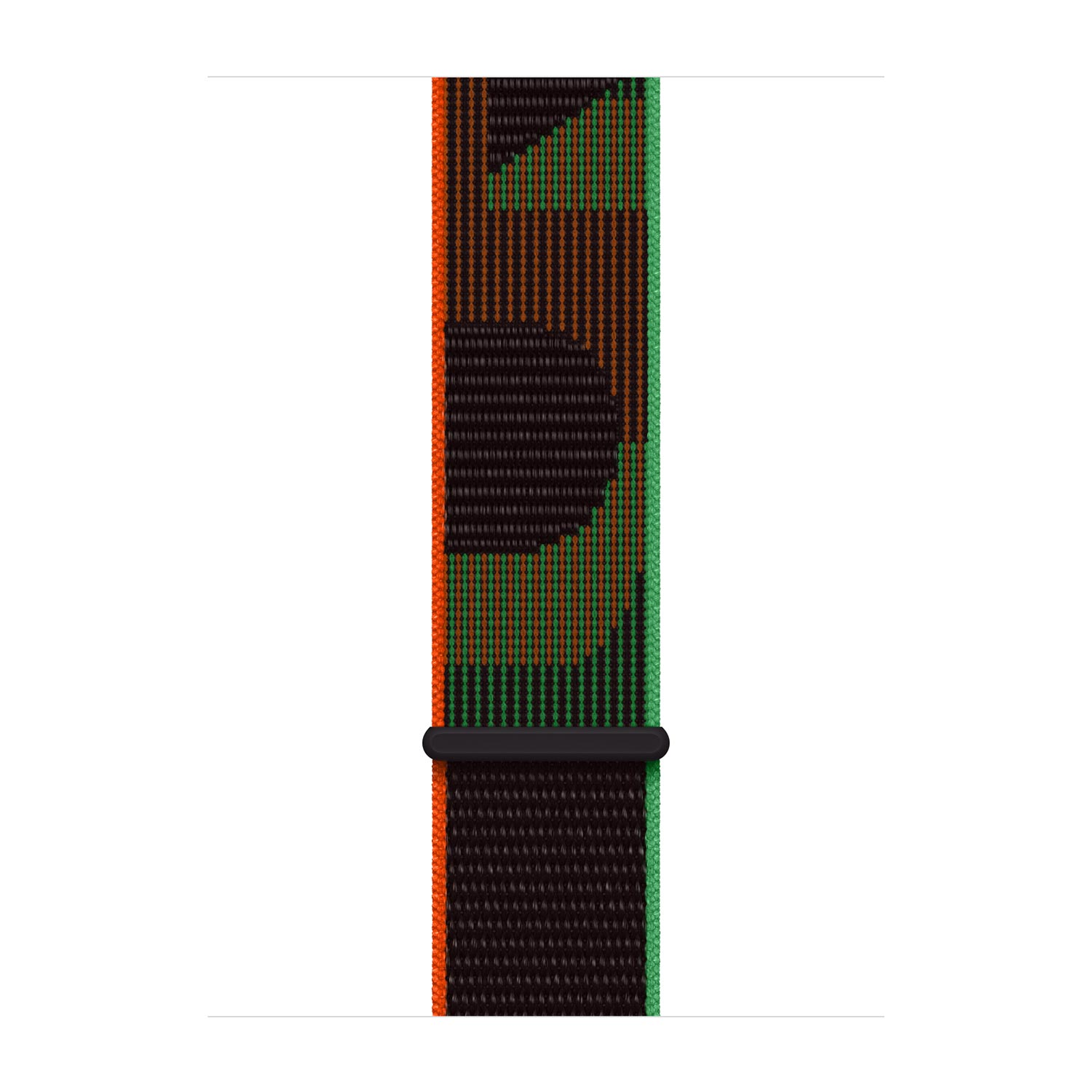 Woven fabric watch band with orange, green, and black geometric pattern and black buckle.