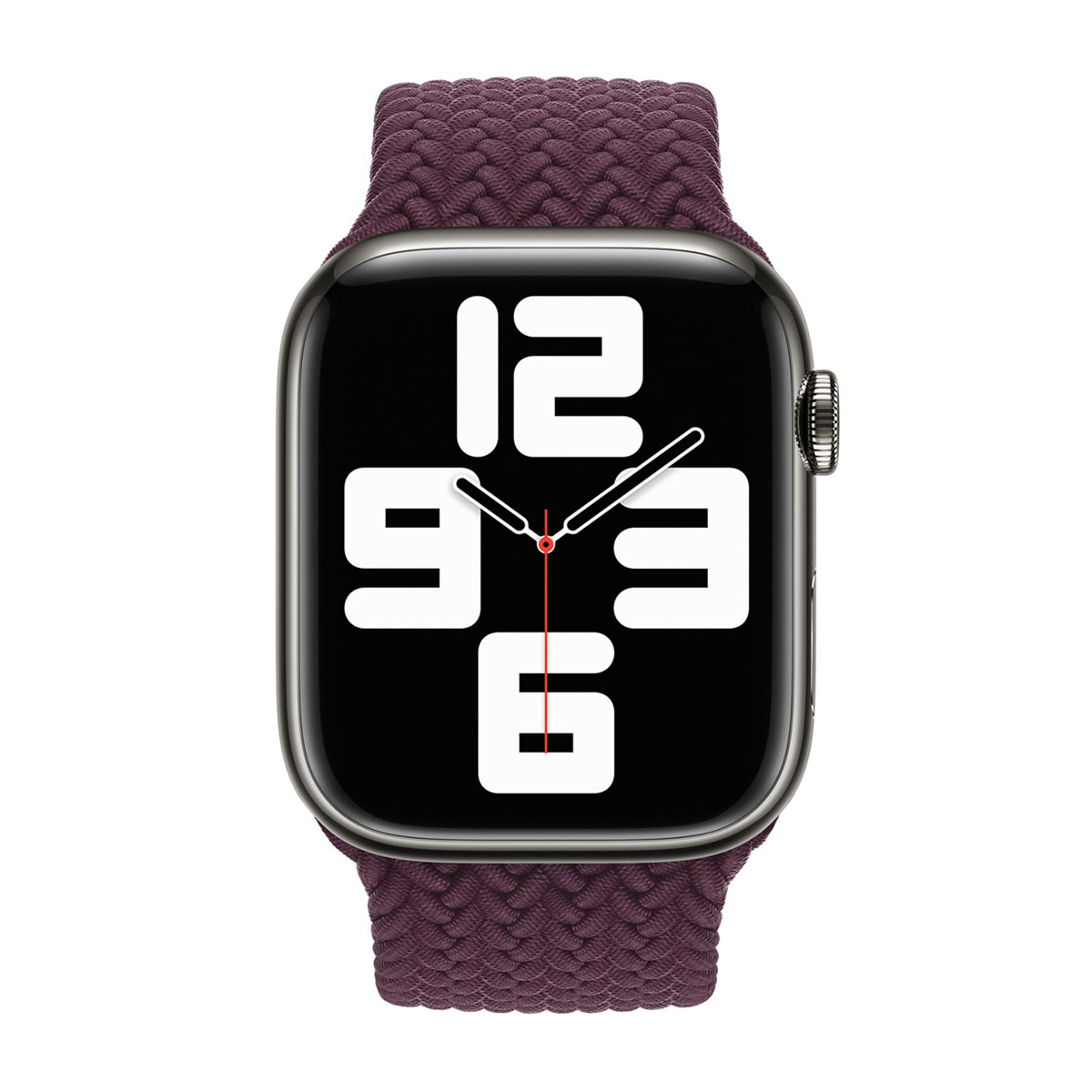 Un Apple Watch intrecciato scuro con quadrante che mostra i numeri 12, 9, 3 e 6.