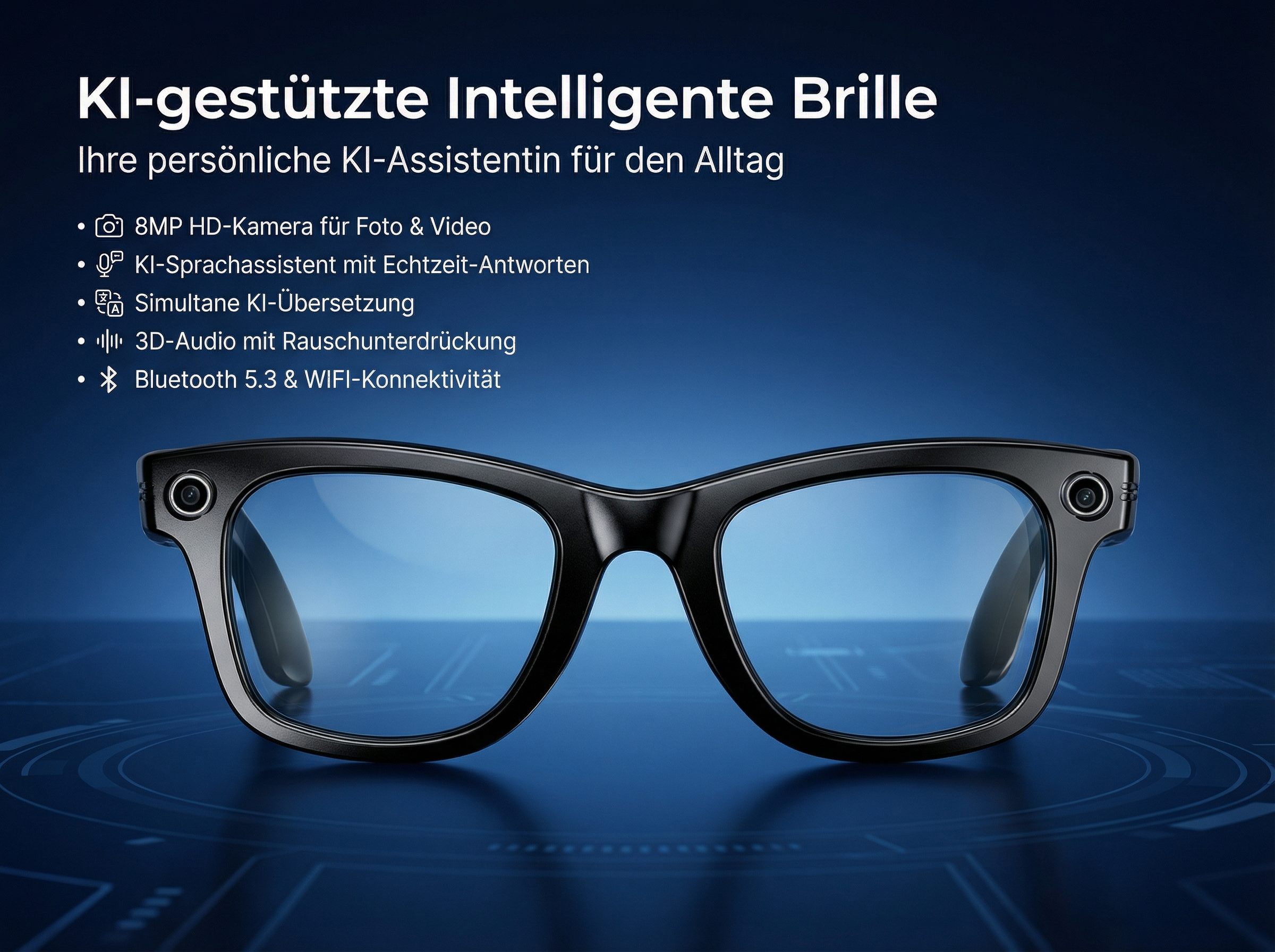 Schwarze KI-Brille mit Kameras und blauen Gläsern auf blauem Hintergrund.