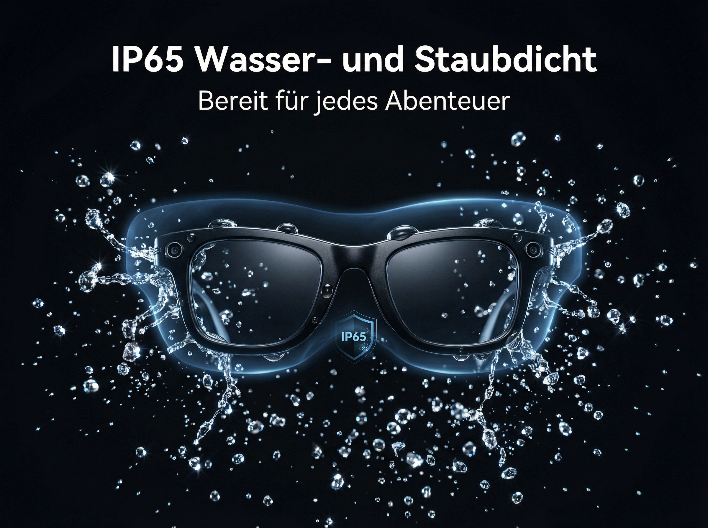 Schwarze Brille mit IP65-Siegel, umgeben von Wasserspritzern.
