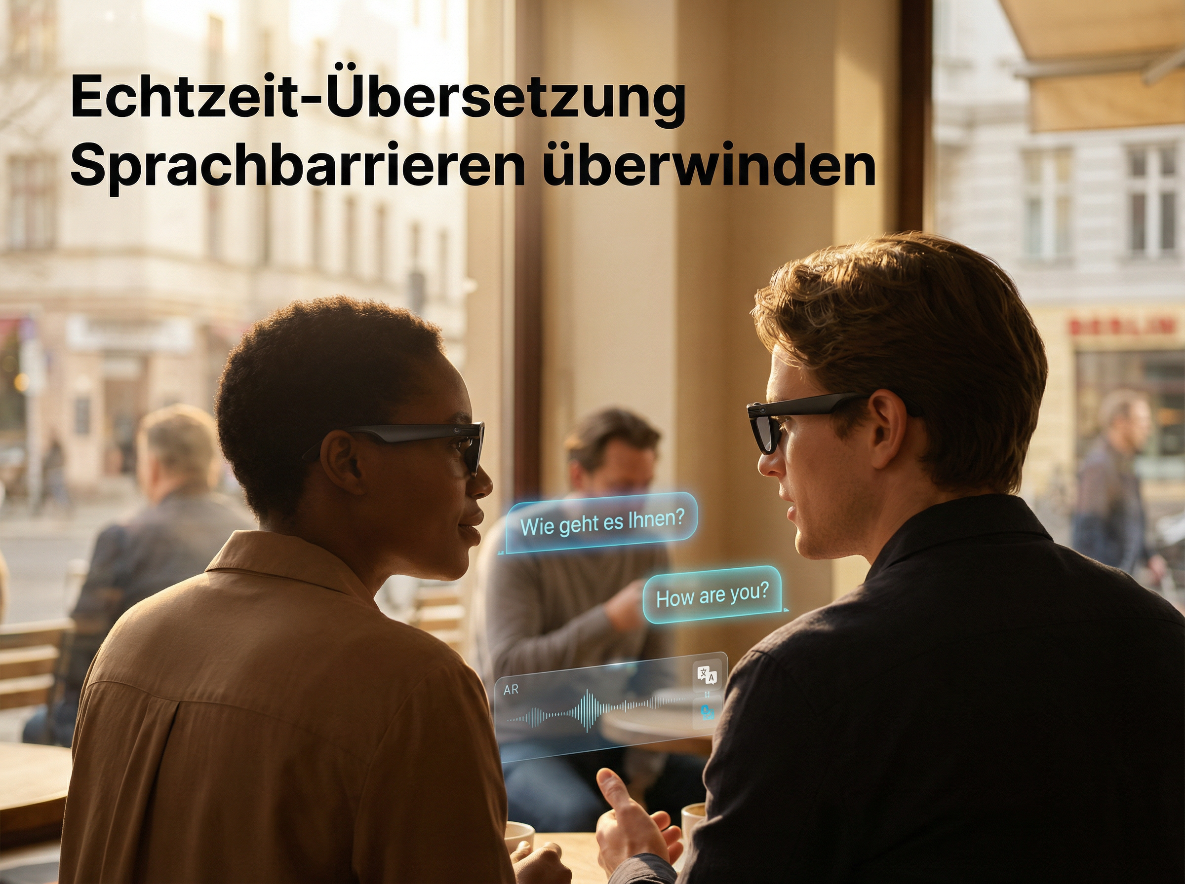 Zwei Personen mit AR-Brillen unterhalten sich, mit deutscher und englischer Übersetzung.