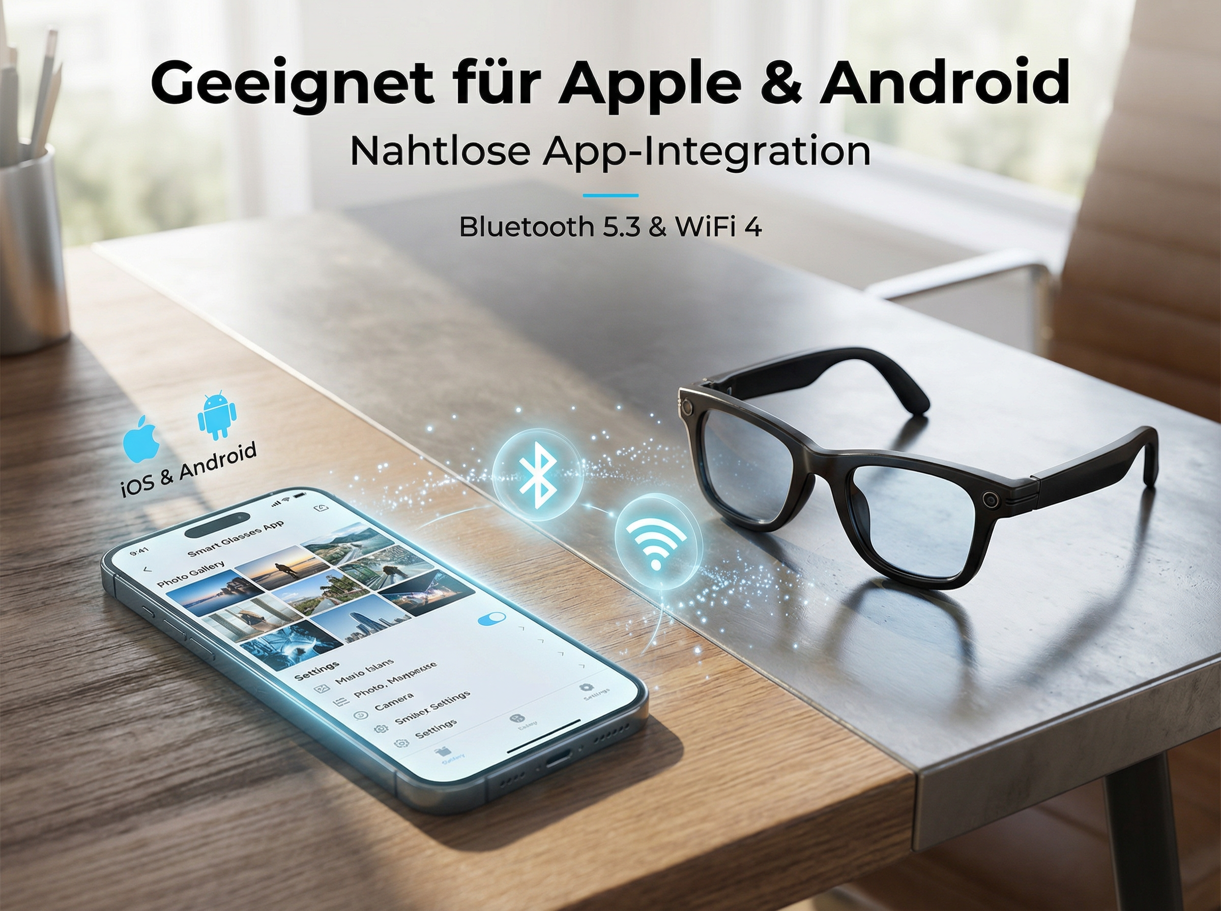 Ein Smartphone zeigt eine App, daneben liegen smarte Brillen. Bluetooth und WLAN Symbole sind sichtbar.